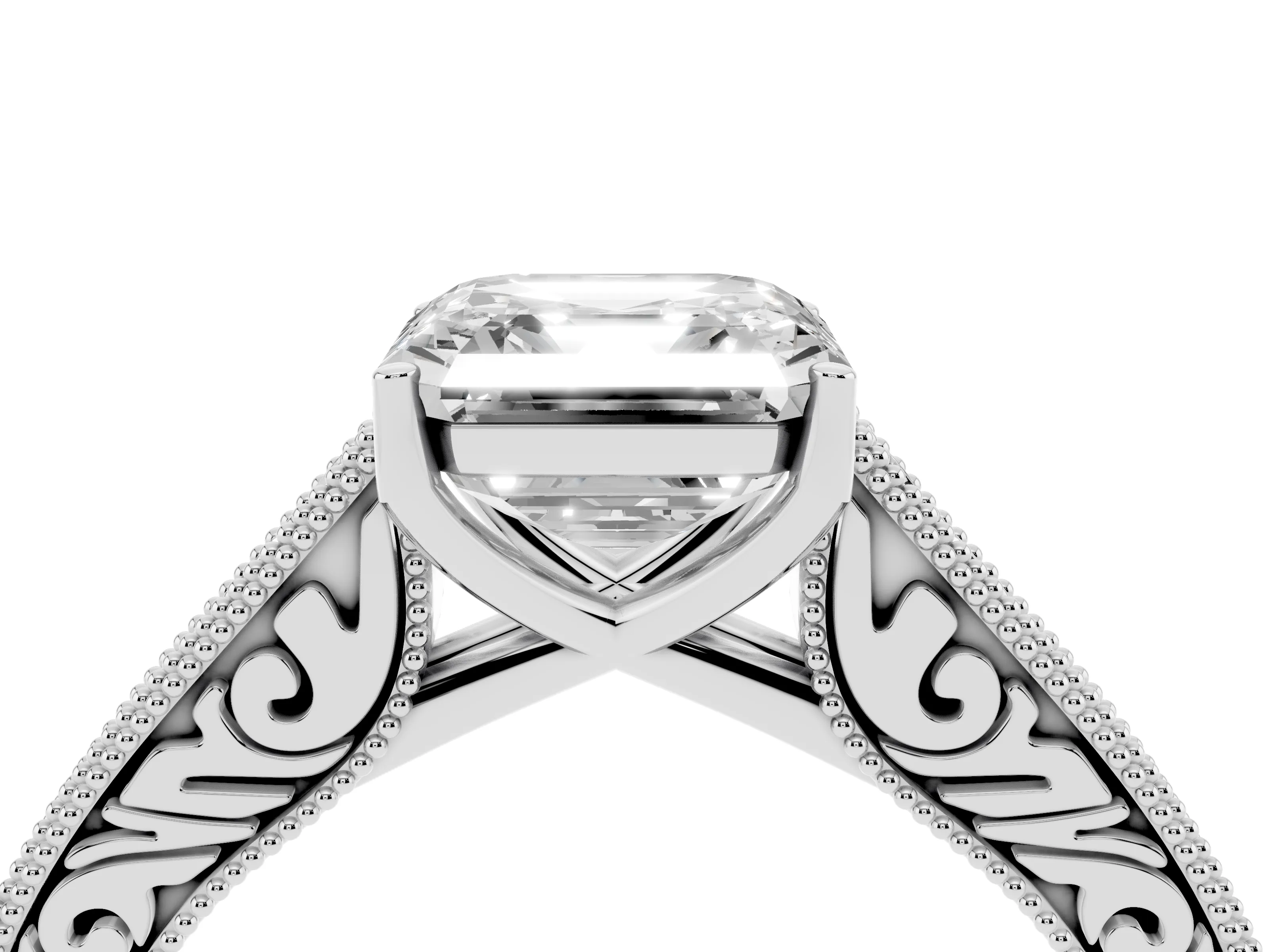 Asscher Cut Diamond Milgrain Pavé Band Solitaire Ring Set in Platinum with Prong Setting