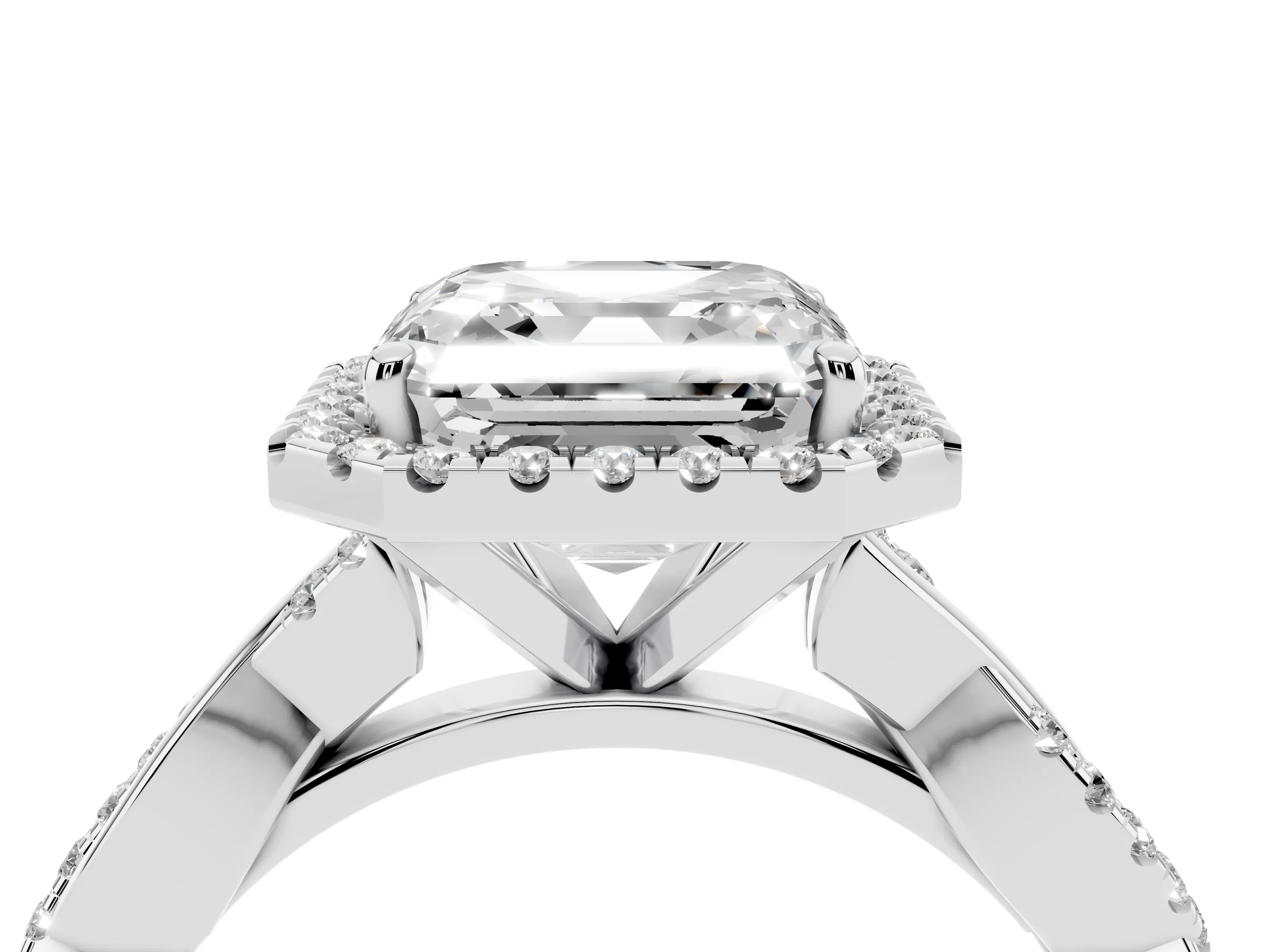 Asscher Cut Diamond Halo Twisted Band Ring Set in White gold with Prong Setting
