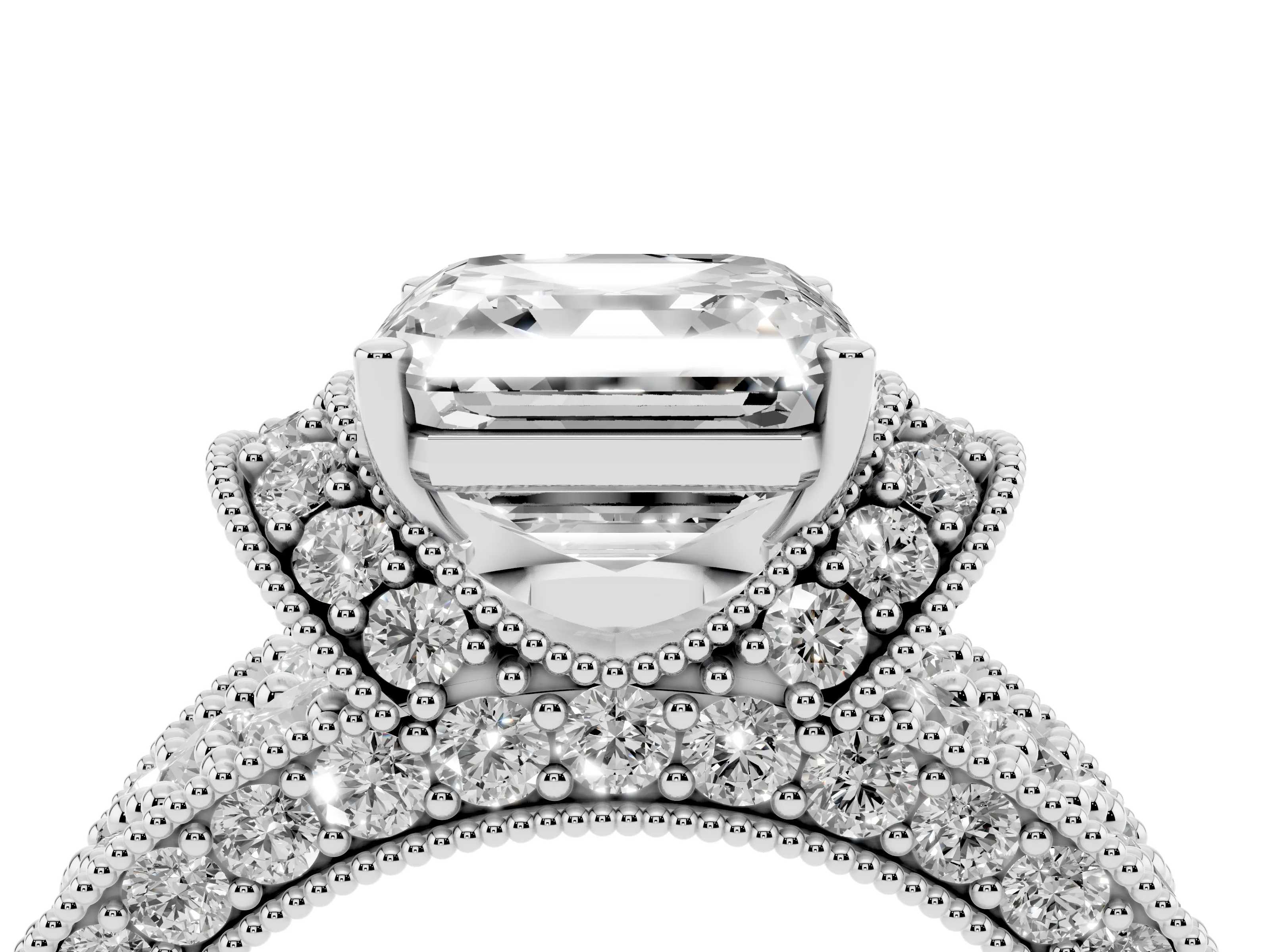 Asscher Cut Diamond Milgrain Halo Pavé Engagement Ring Set in Silver with Prong Setting