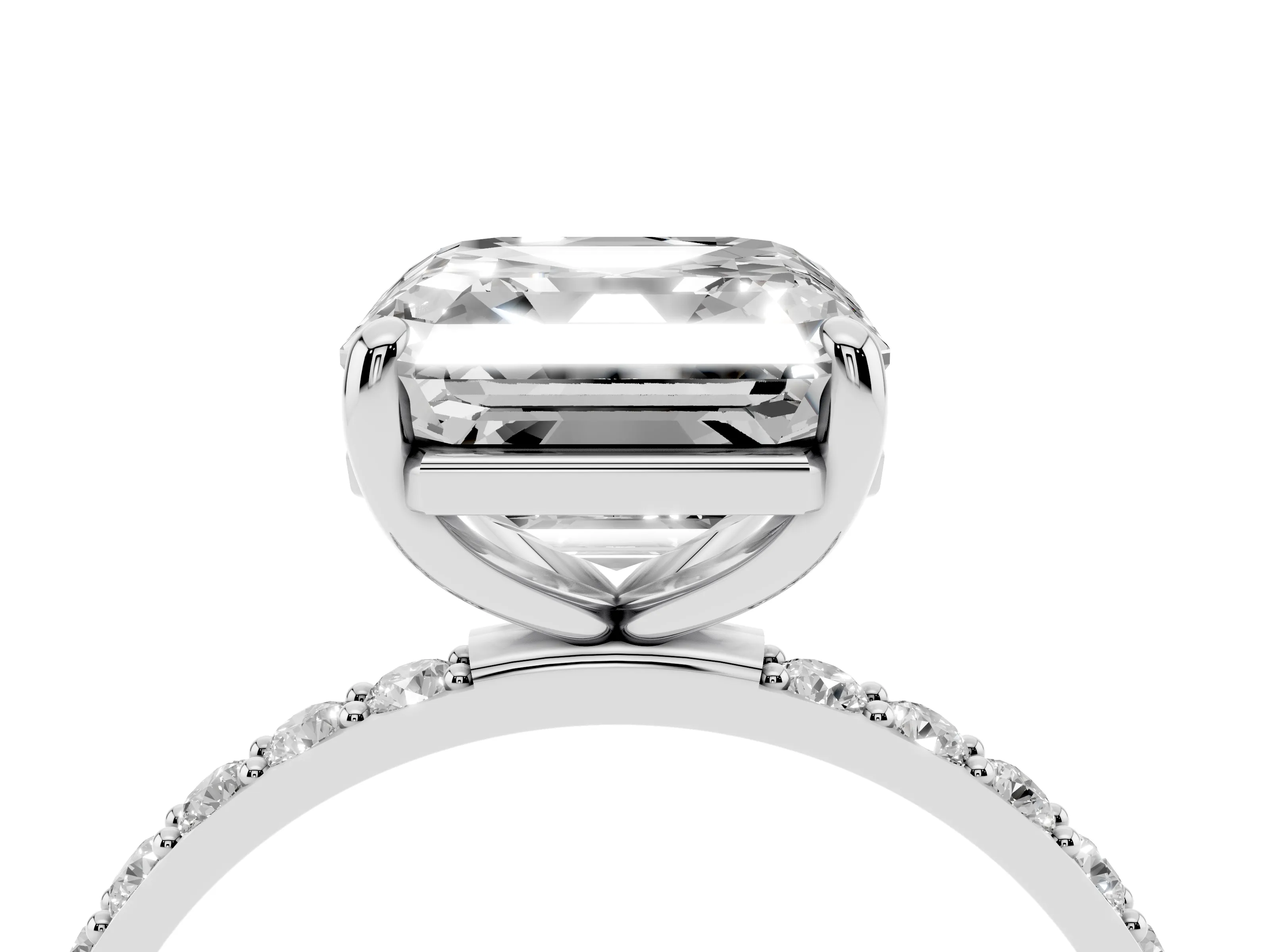 Asscher Cut Diamond Solitaire Ring Set in Silver with Round Pavé Band and Prong Setting