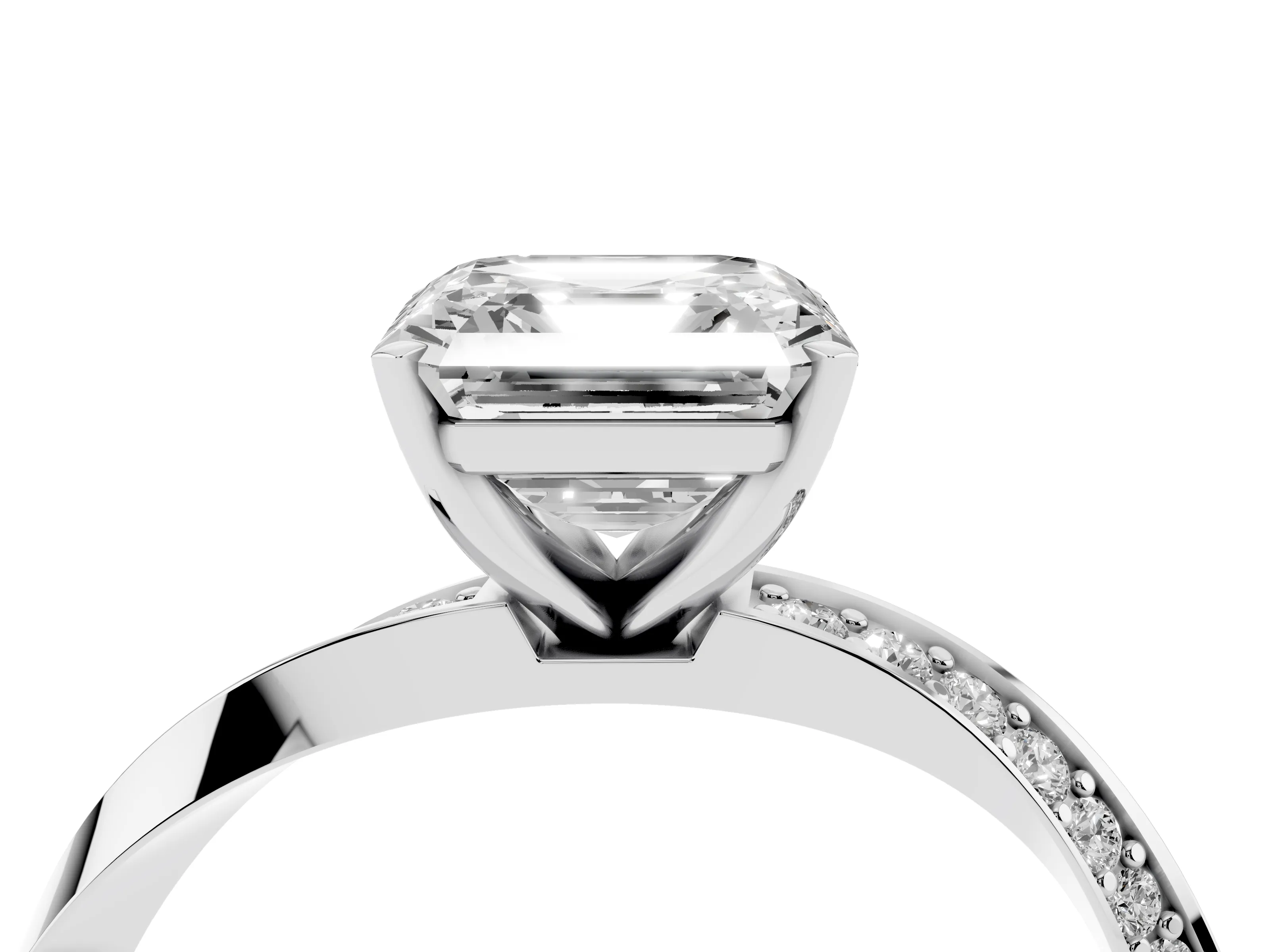 Asscher Cut Diamond Engagement Ring Set in Platinum with Side Stone Accents and Prong Setting