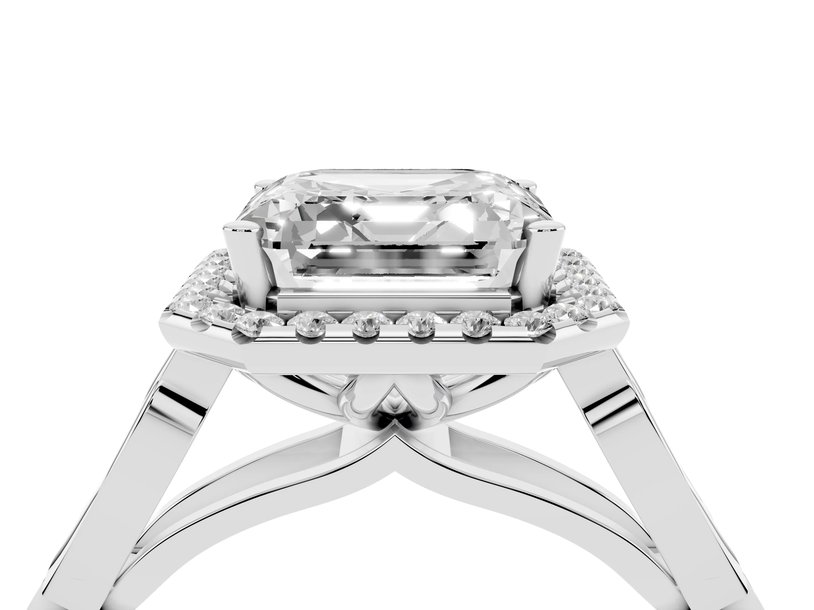 Asscher Cut Diamond Halo Engagement Ring Set in White gold with Filigree Band and Prong-Set Center