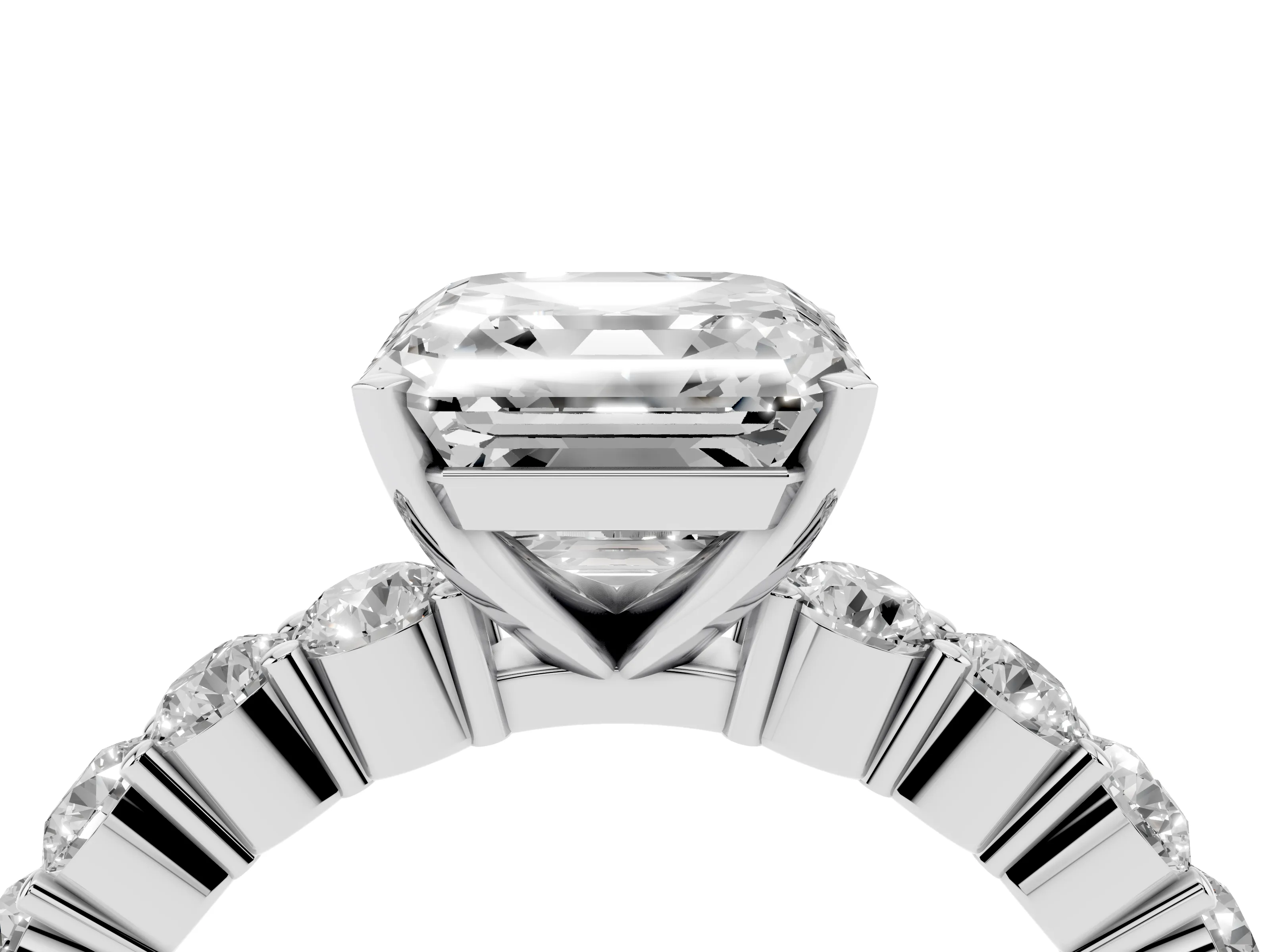 Asscher Cut Diamond Solitaire Ring Set in Silver with Shared Prong Round Side Stones