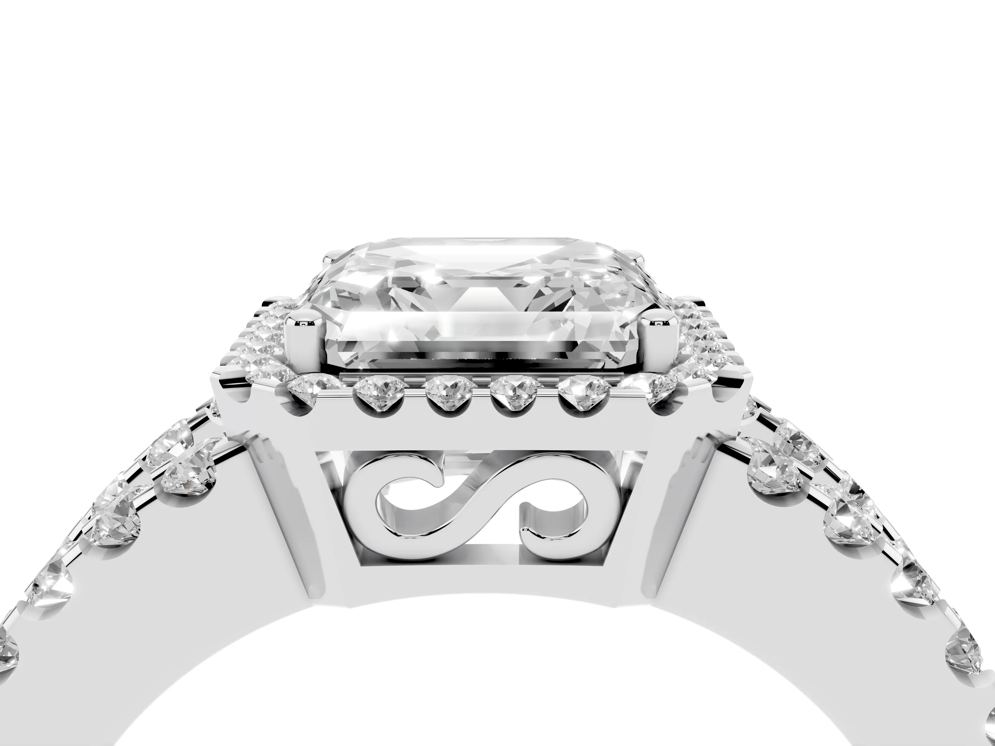 Asscher Cut Diamond Halo Ring Set in Platinum with Pavé Split Shank and Prong Setting