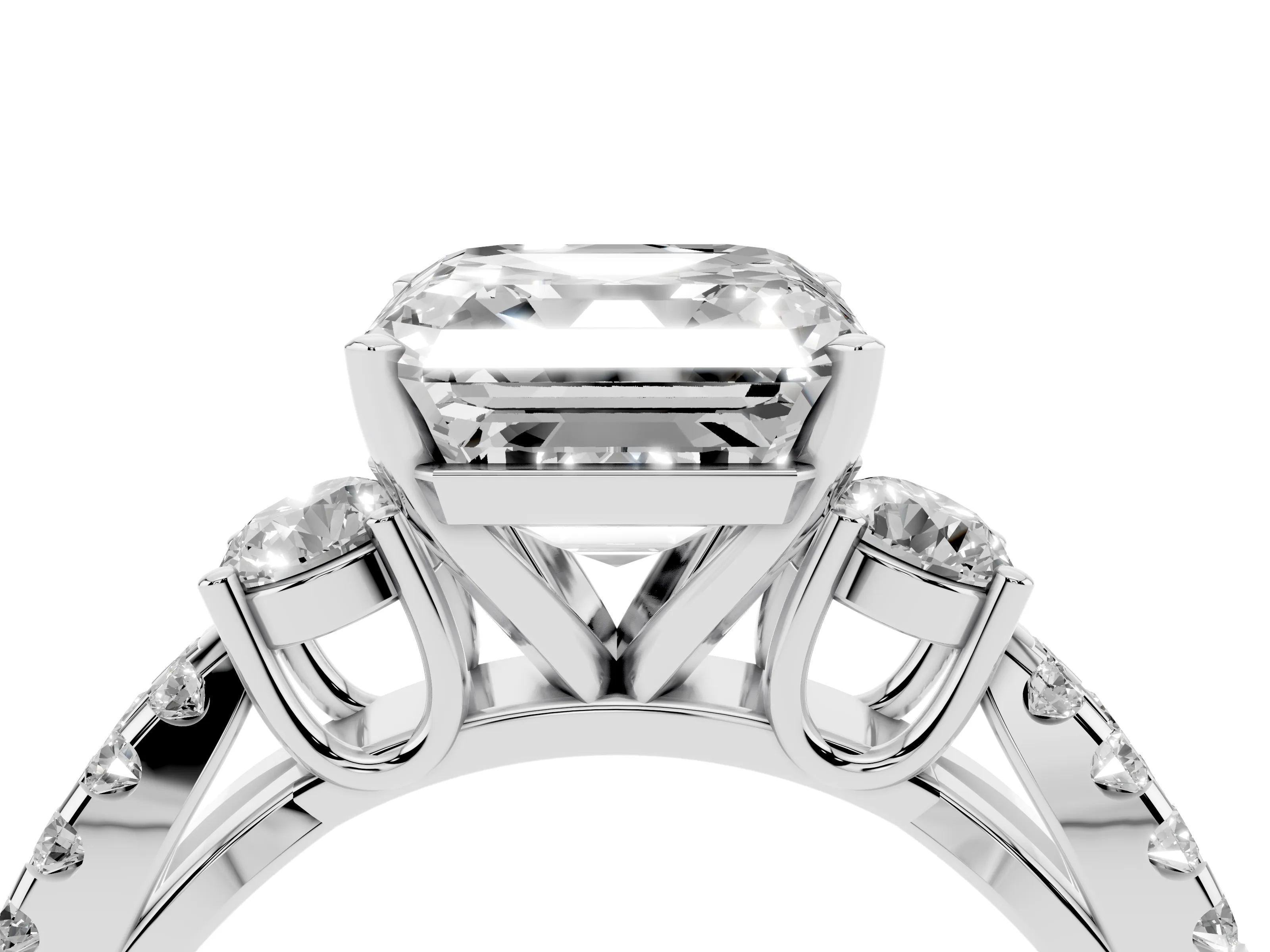Asscher Cut Diamond Three-Stone Ring Set in Platinum with Pavé Split Shank and Prong Setting