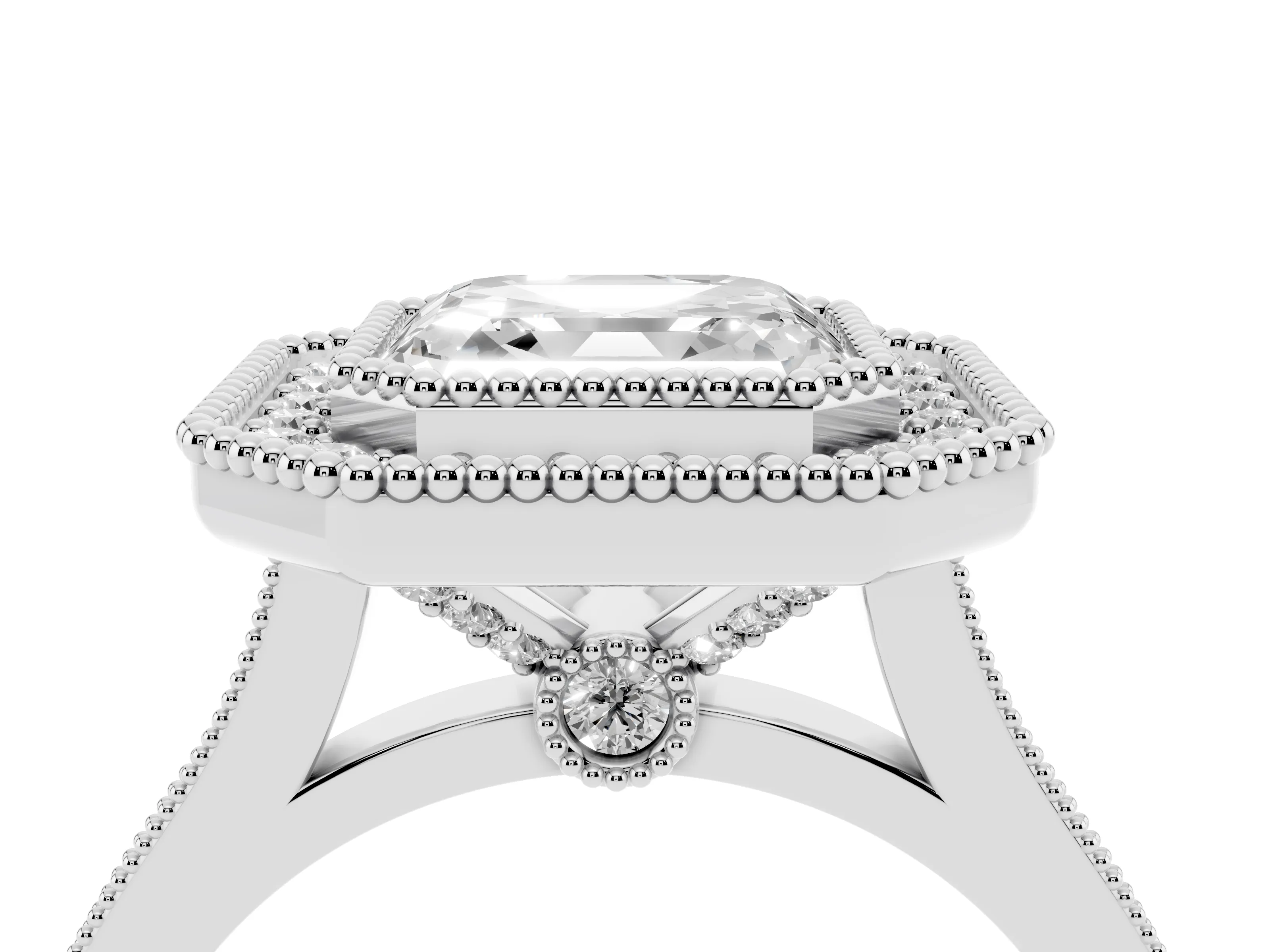 Asscher Cut Diamond Halo Ring Set in Silver with Milgrain Frame and Pavé Band