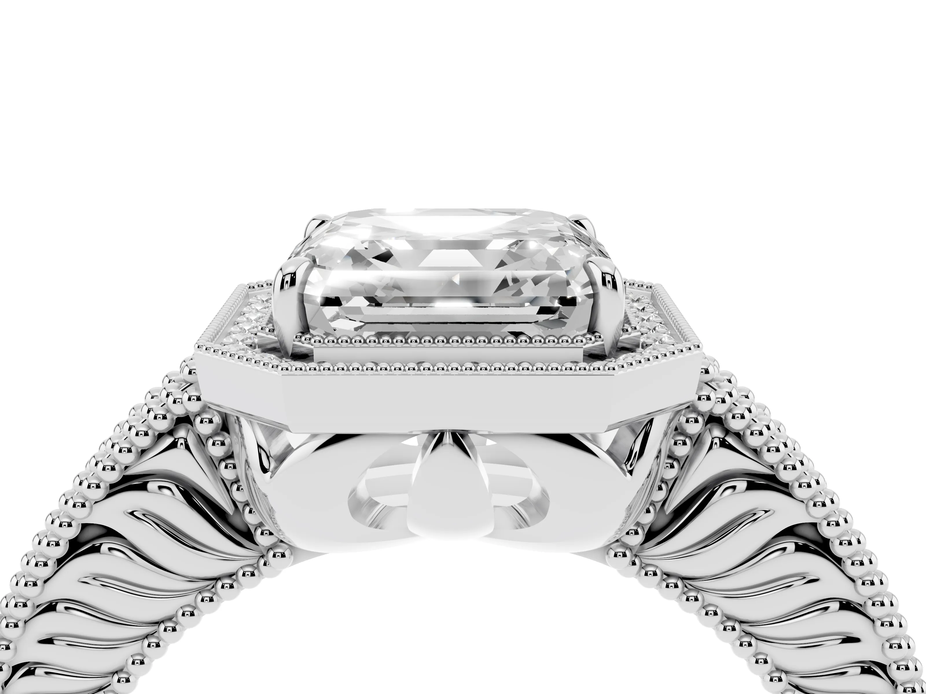 Asscher Cut Diamond Halo Ring Set in White gold with Round Accent Halo, Pavé Band and Prong Setting