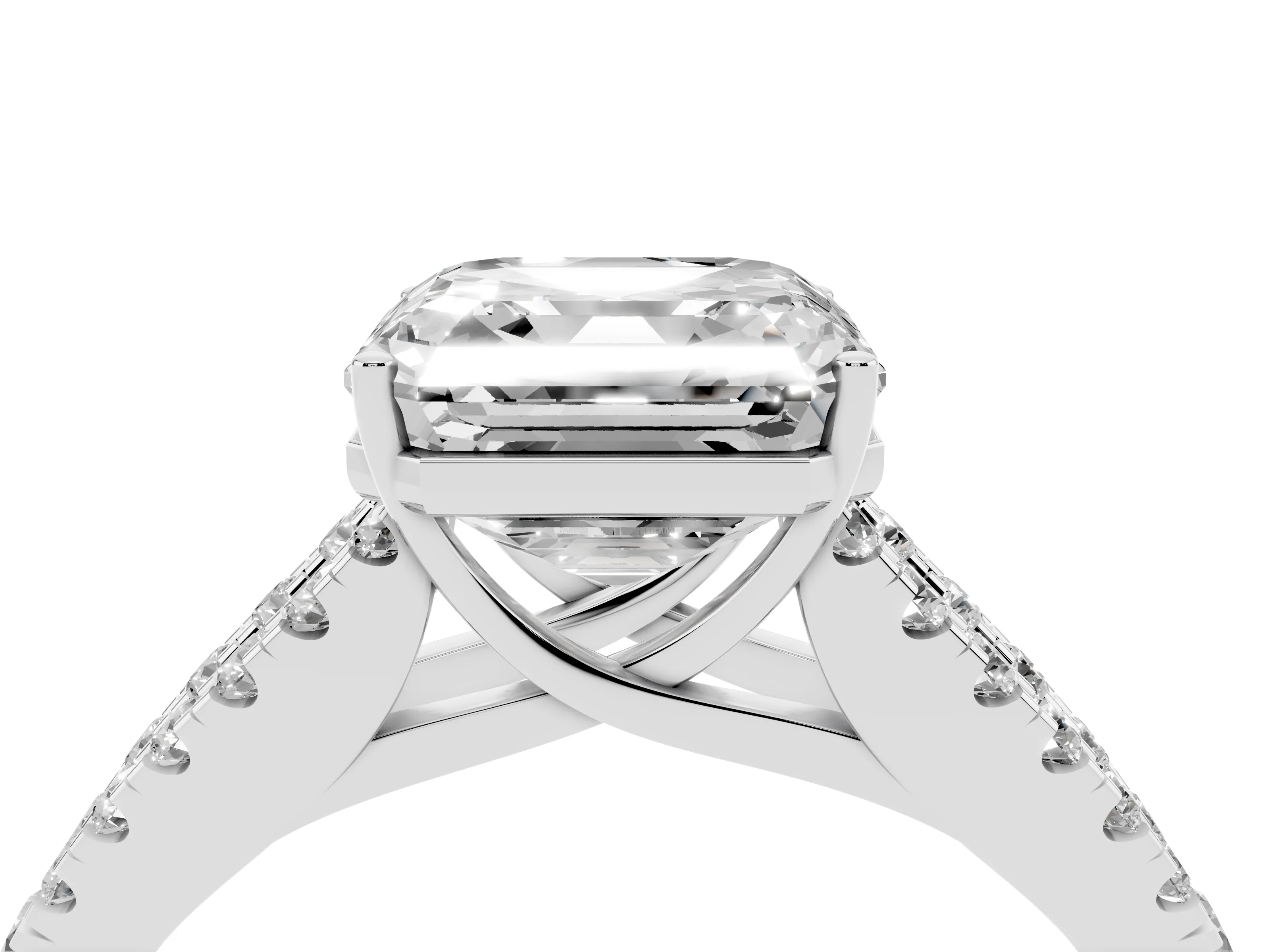 Asscher Cut Diamond Split Shank Pavé Engagement Ring Set in White gold with Prong-Held Center Stone