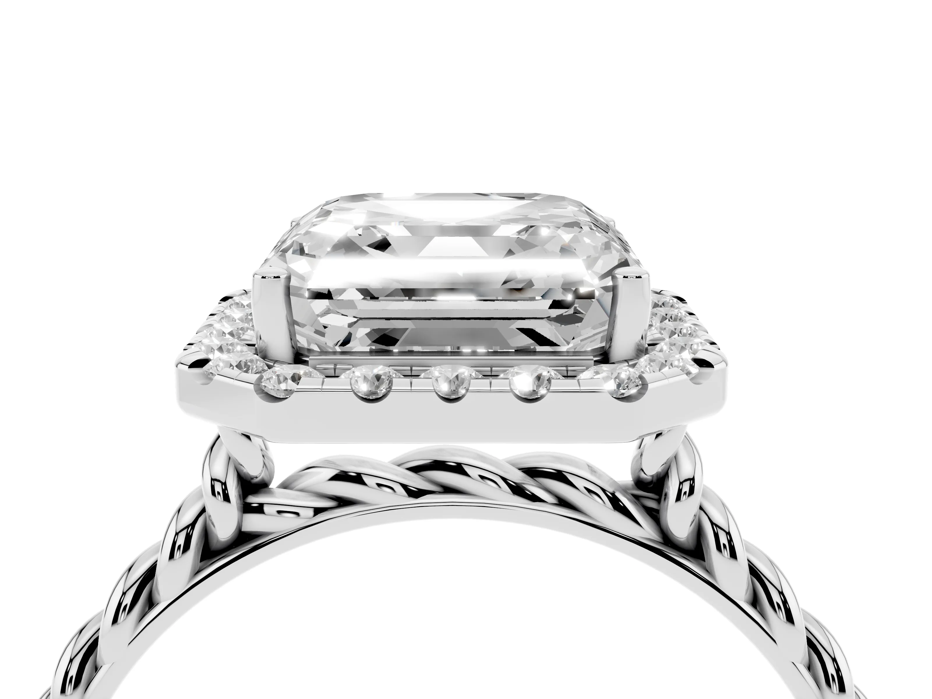 Asscher Cut Diamond Halo Ring Set in Silver with Plain Twisted Band