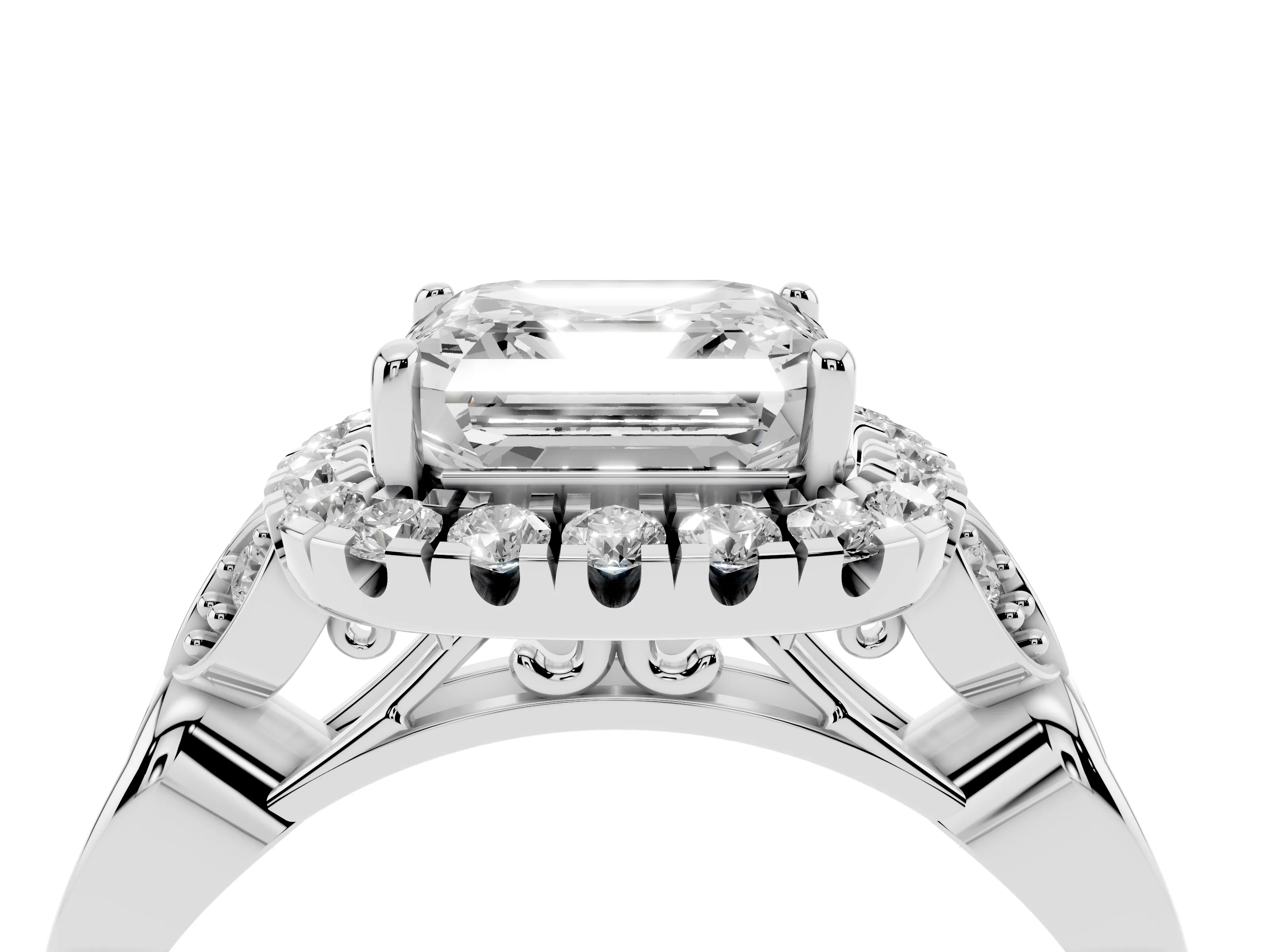 Asscher Cut Diamond Halo Engagement Ring Set in Platinum with Vintage-Inspired Band and Prong Setting