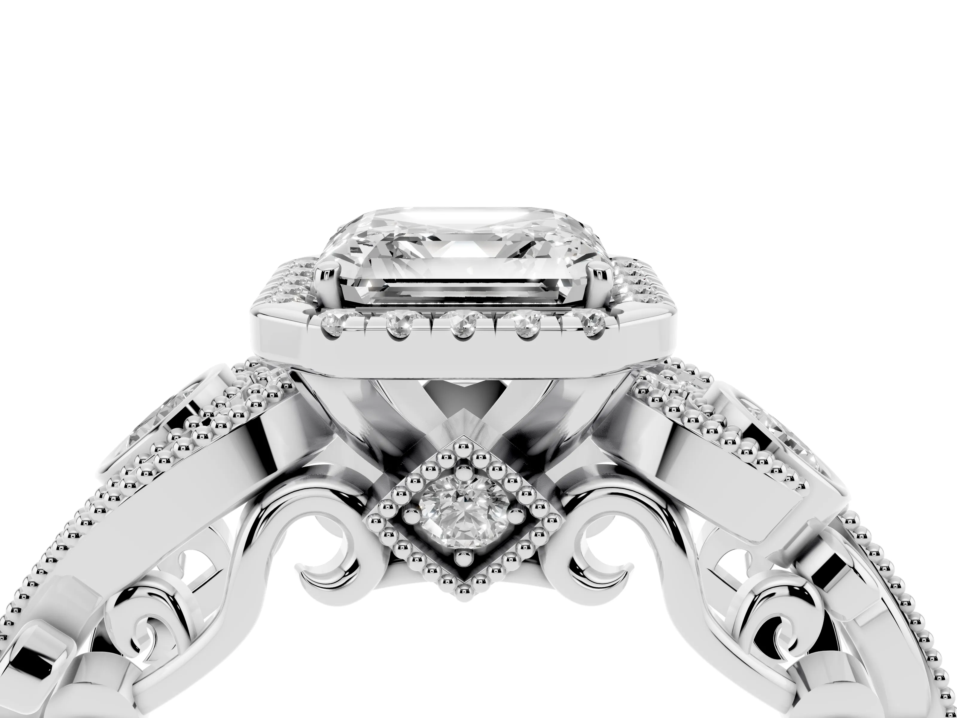 Asscher Cut Diamond Halo Ring Set in White gold with Milgrain Pavé Band and Prong Setting