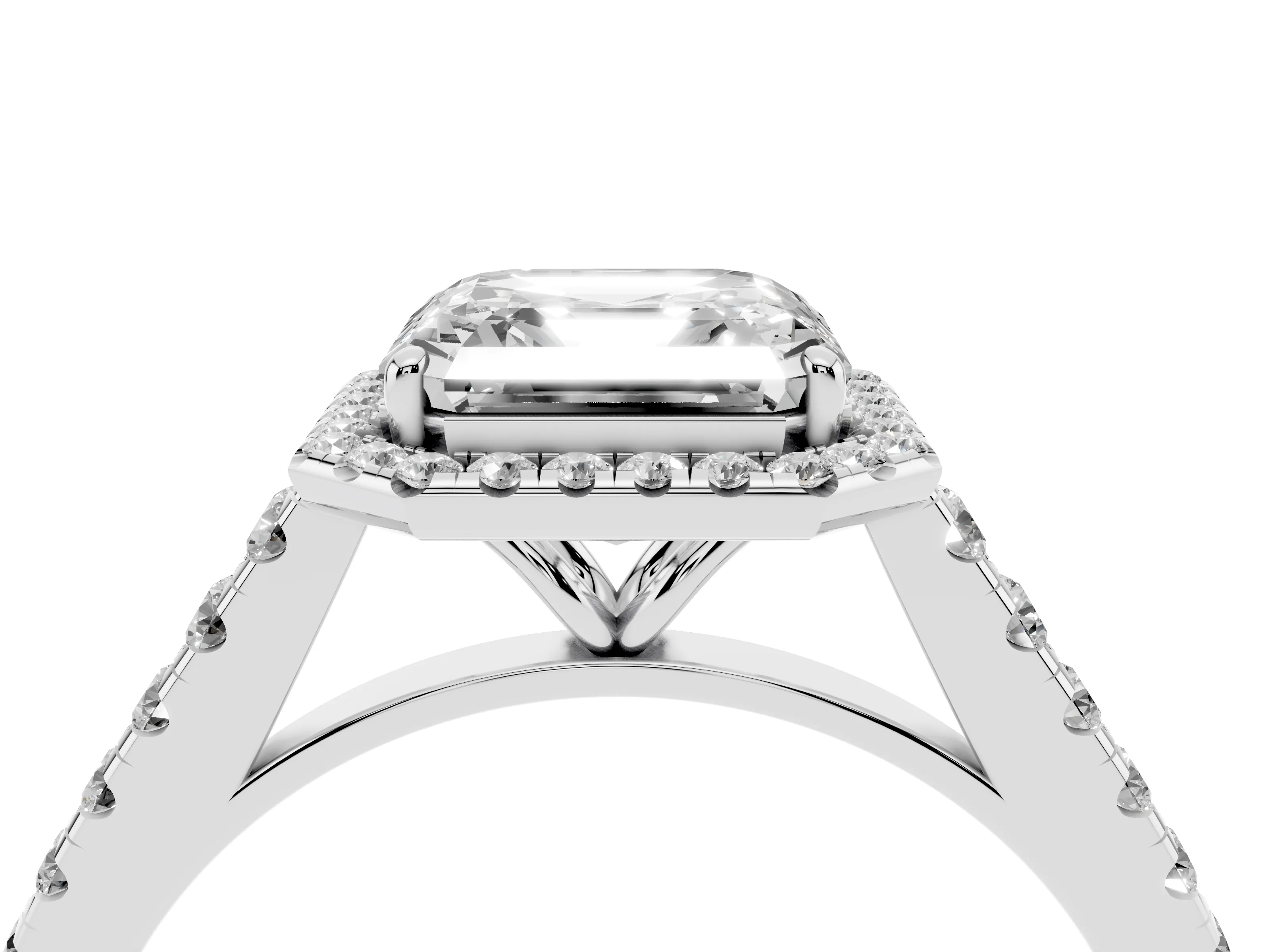 Asscher Cut Diamond Halo Pavé Engagement Ring Set in White gold with Prong Setting