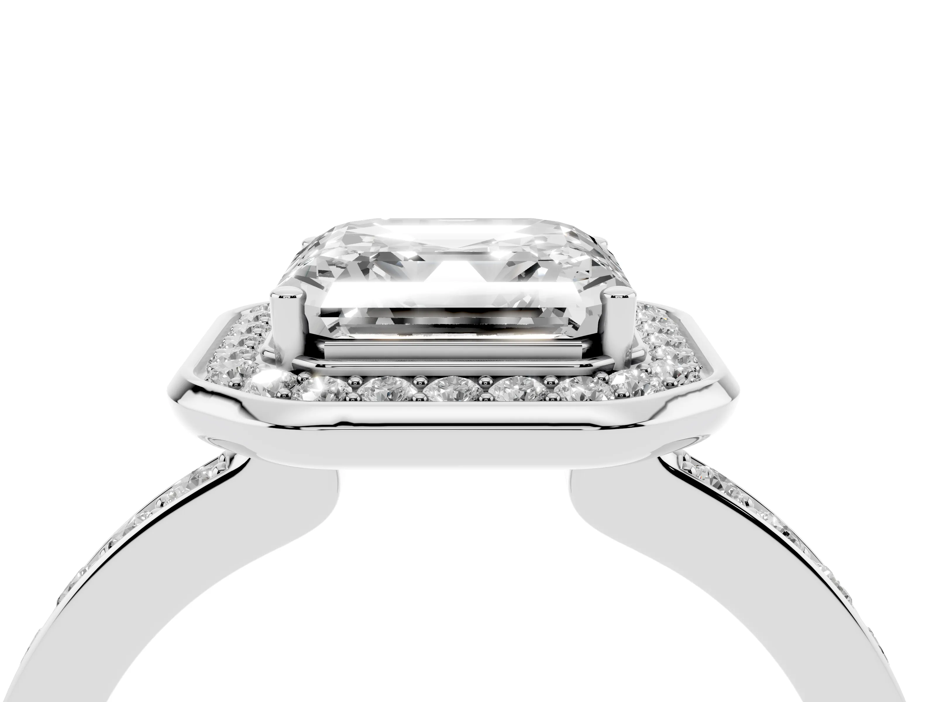 Asscher Cut Diamond Halo Ring Set in White gold with Bezel Frame and Pavé Band