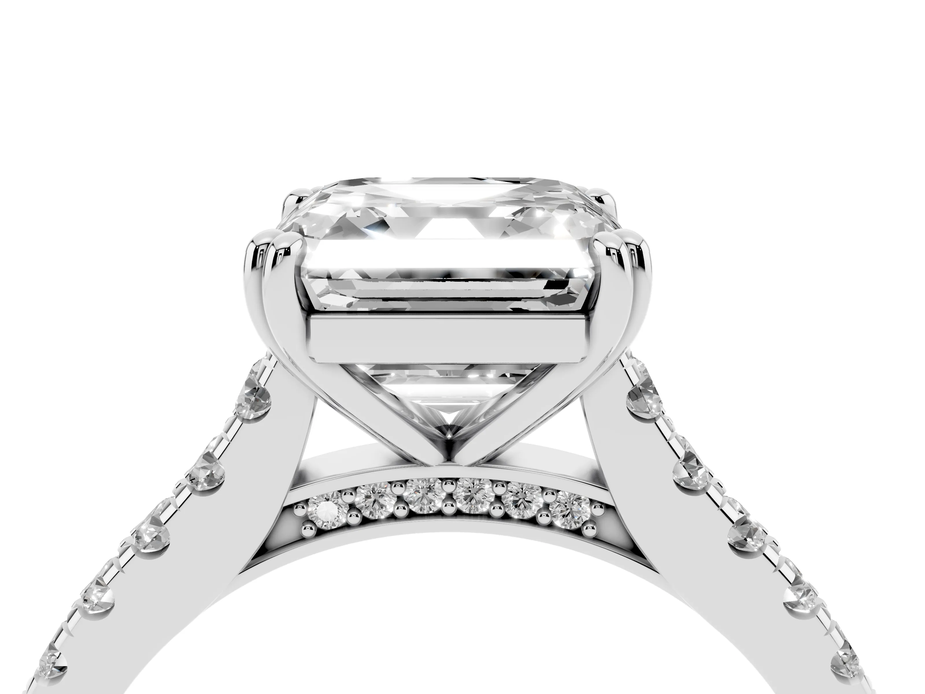 Asscher Cut Diamond Solitaire Engagement Ring Set in Platinum with Pavé Accents and Prong Setting