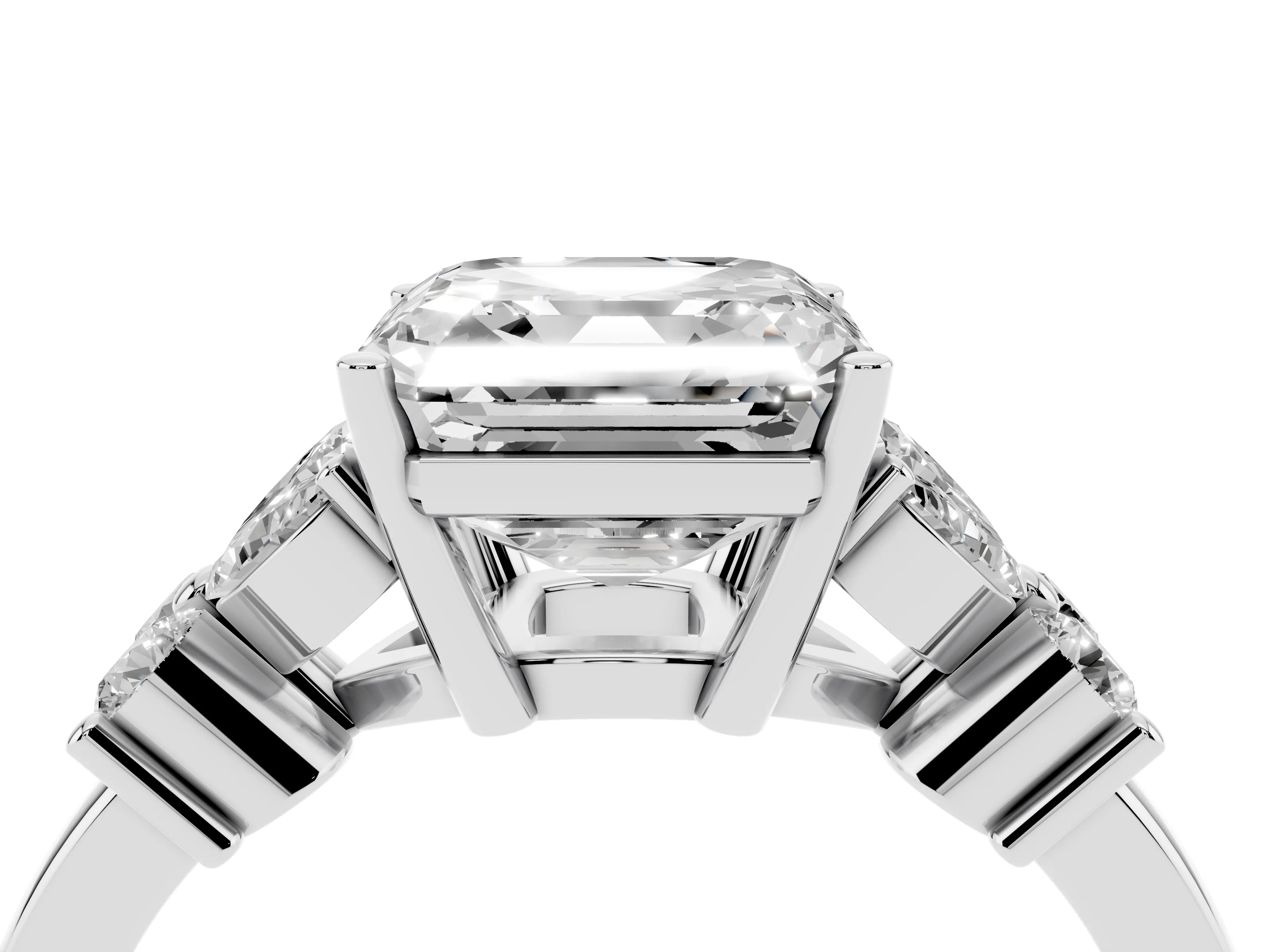Asscher Cut Diamond Floral Cluster Ring Set in Silver with Marquise Petals and Prong Setting