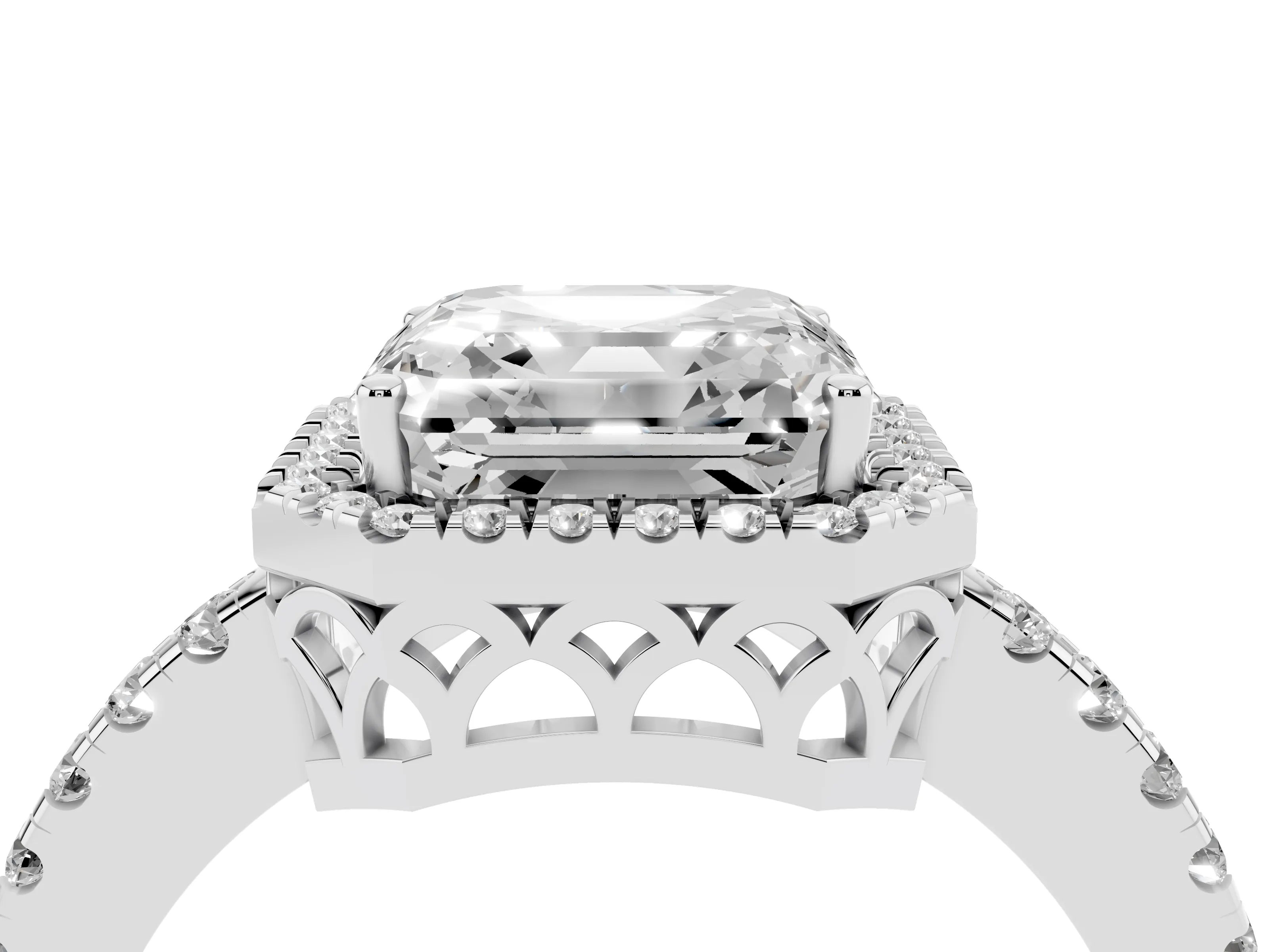 Asscher Cut Diamond Pavé Band Halo Engagement Ring Set in Silver with Prong Setting