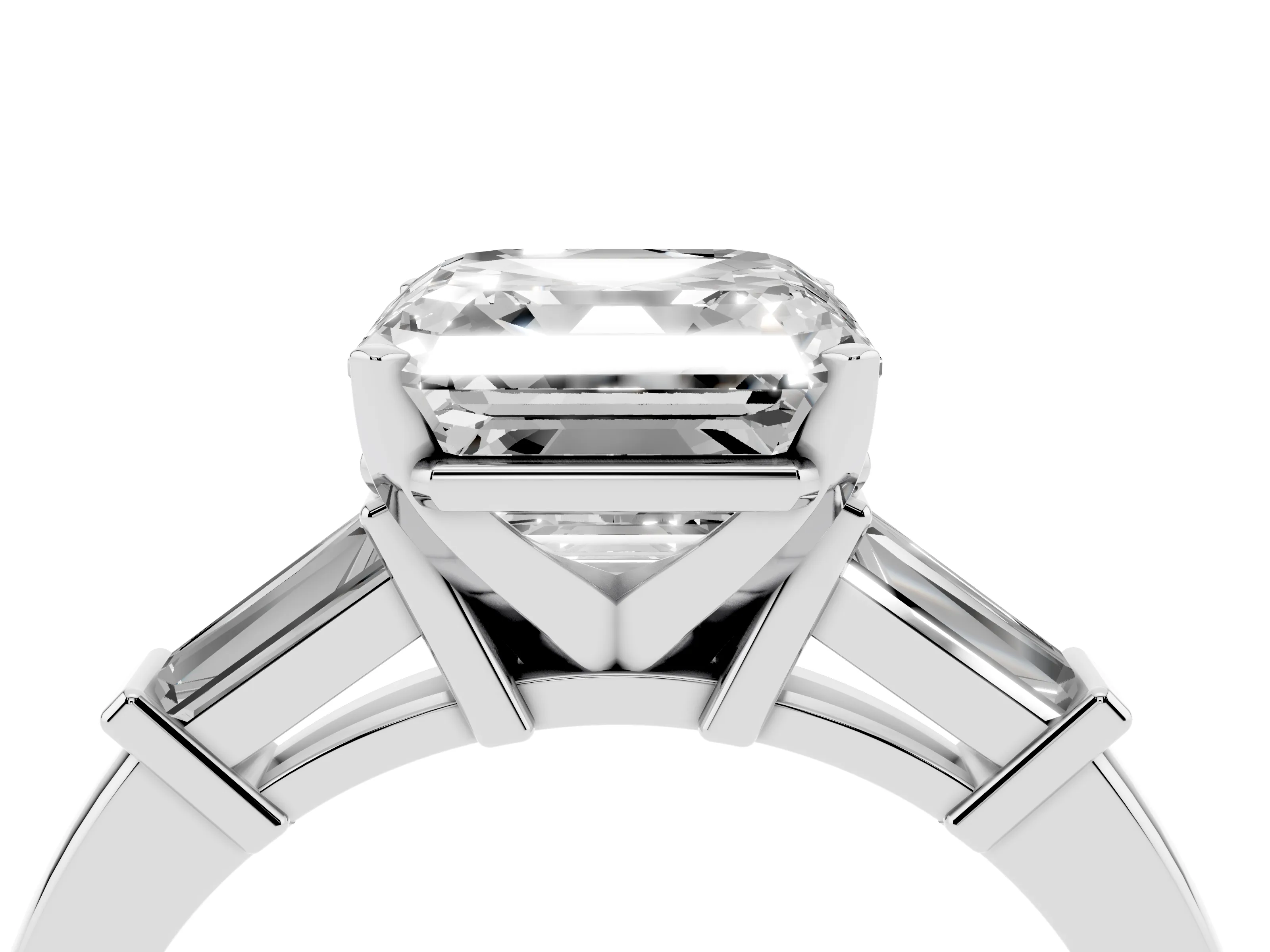 Asscher Cut Diamond Solitaire Ring Set in Platinum with Tapered Baguette Accents and Prong Setting
