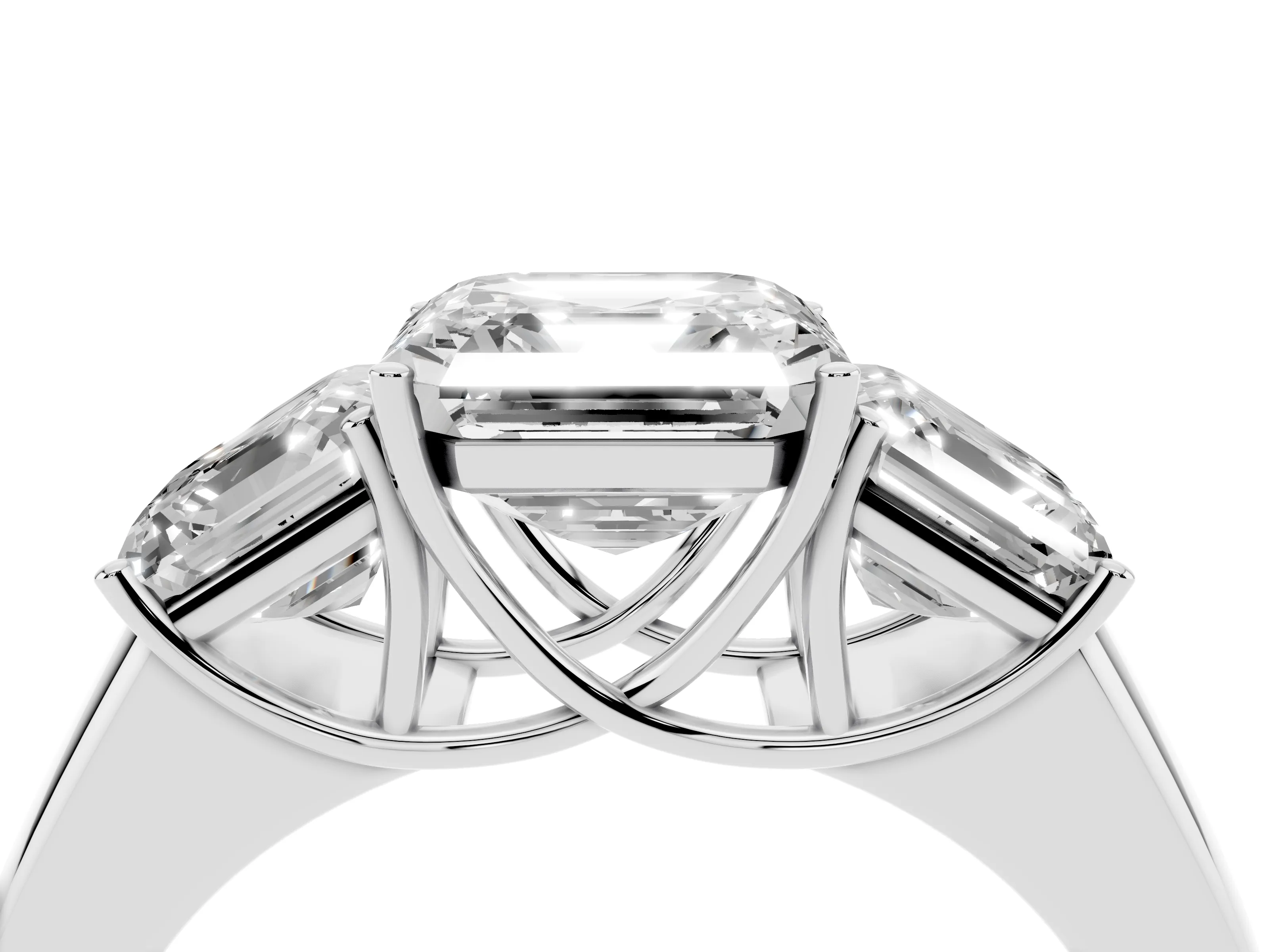 Three-Stone Asscher Cut Diamond Ring Set in White gold with Matching Prong Settings and Plain Band