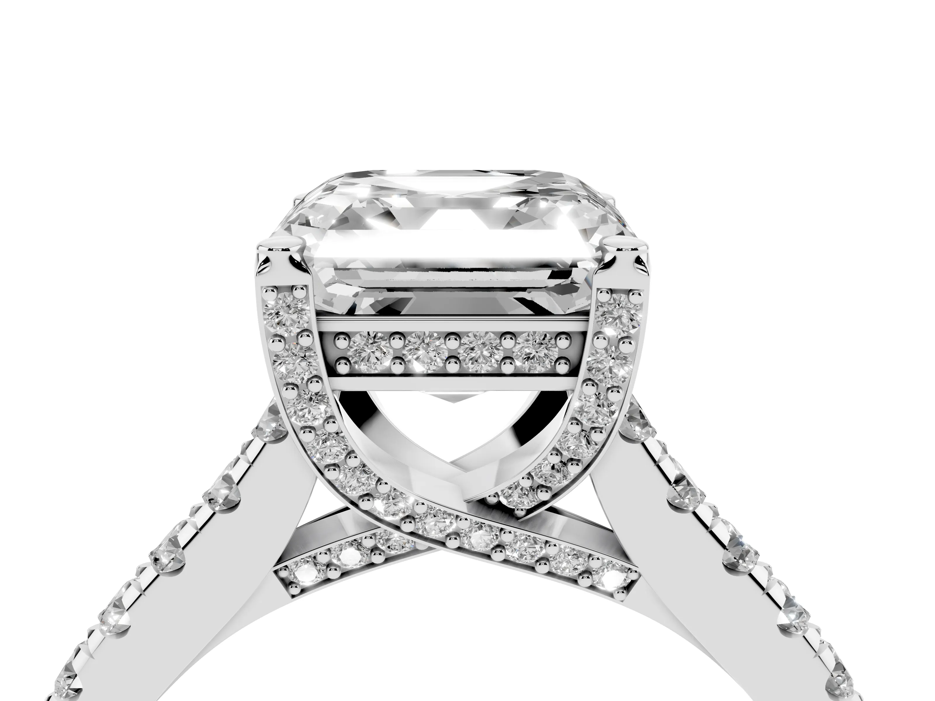 Asscher Cut Diamond Solitaire Ring Set in Platinum with Brilliant Pavé Band and Prong Setting