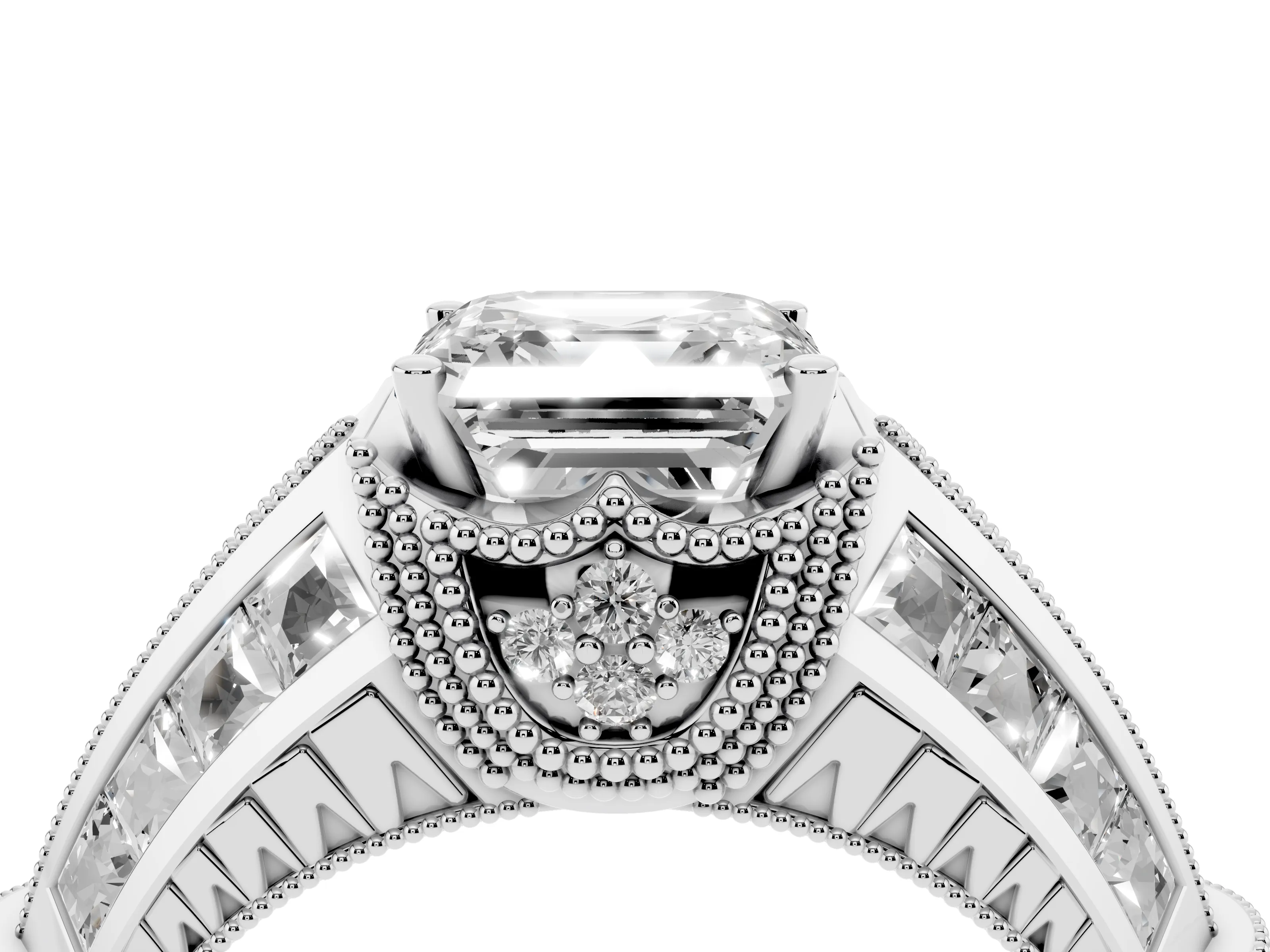 Asscher Cut Diamond Vintage-Inspired Milgrain Ring Set in White gold with Accent Split Shank