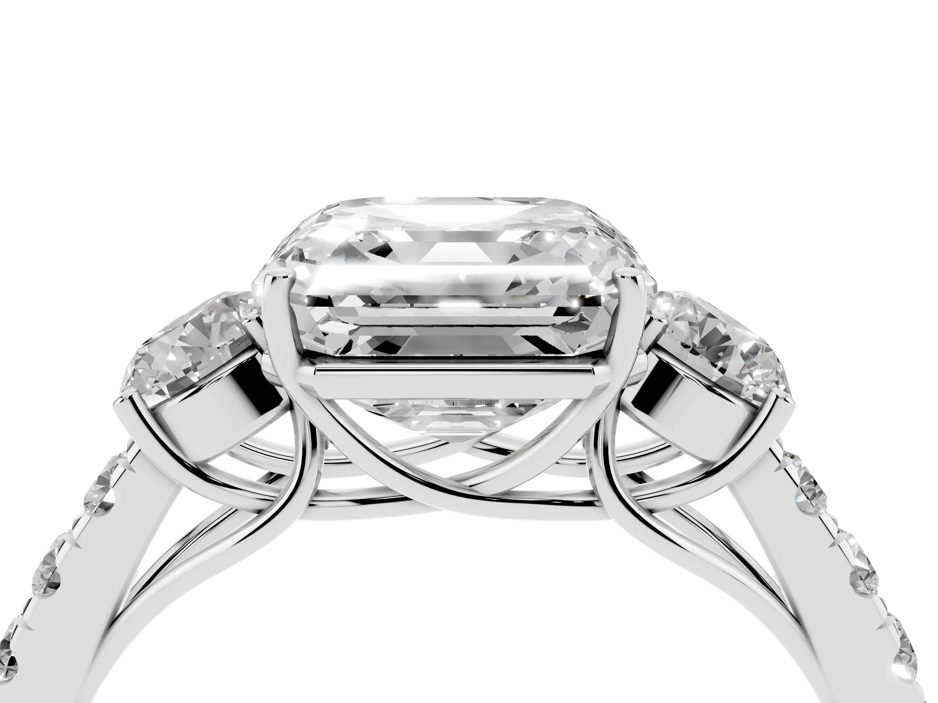 Asscher Cut Diamond Three-Stone Ring Set in White gold with Round Side Stones and Delicate Pavé Band