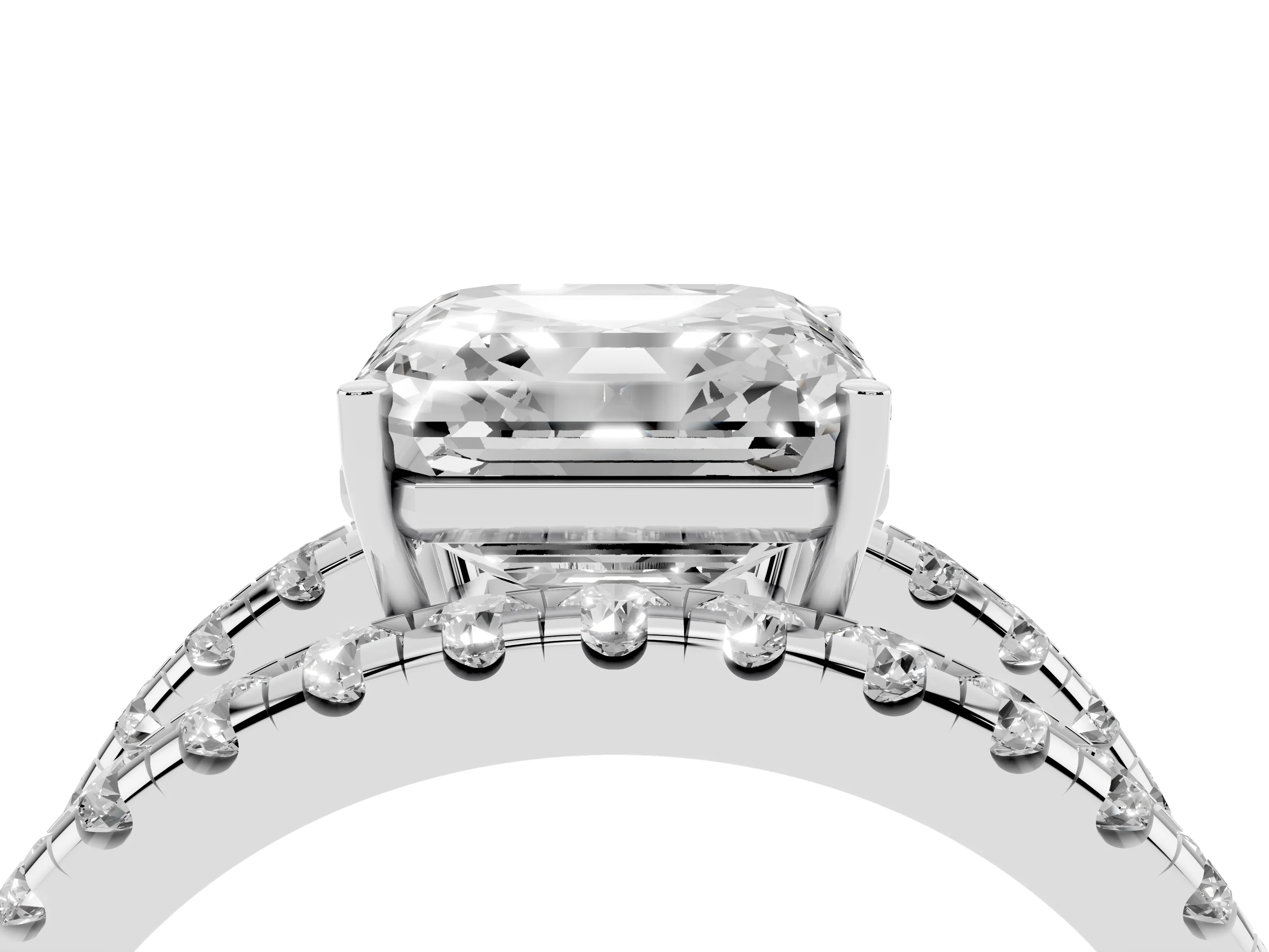 Asscher Cut Diamond Split Shank Pavé Solitaire Ring Set in Platinum with Open Shank Design