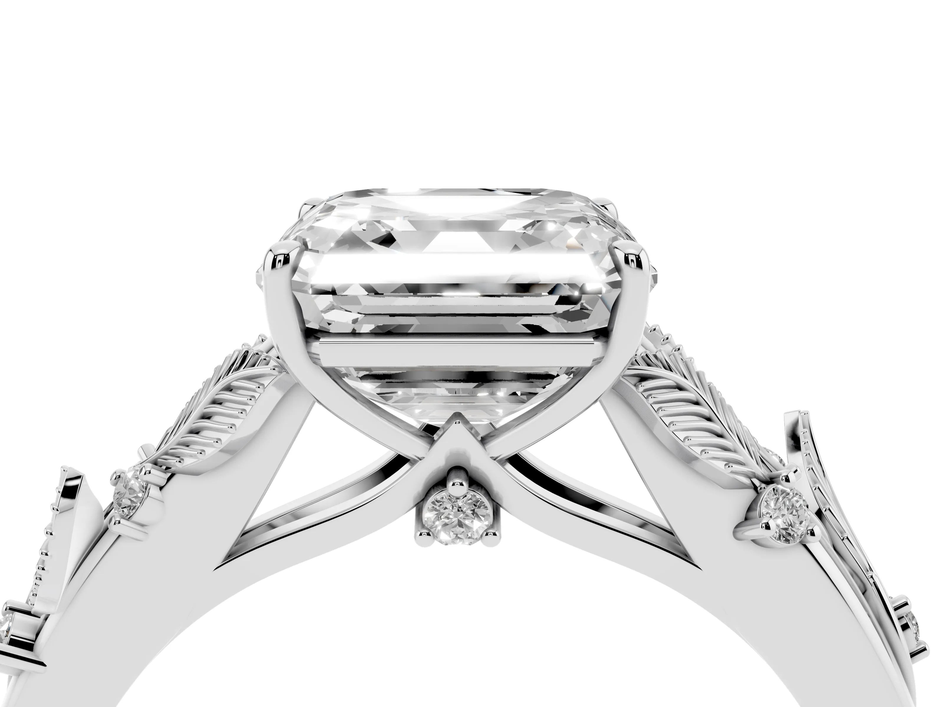 Asscher Cut Diamond Solitaire Ring Set in Silver with Leaf Motif Band
