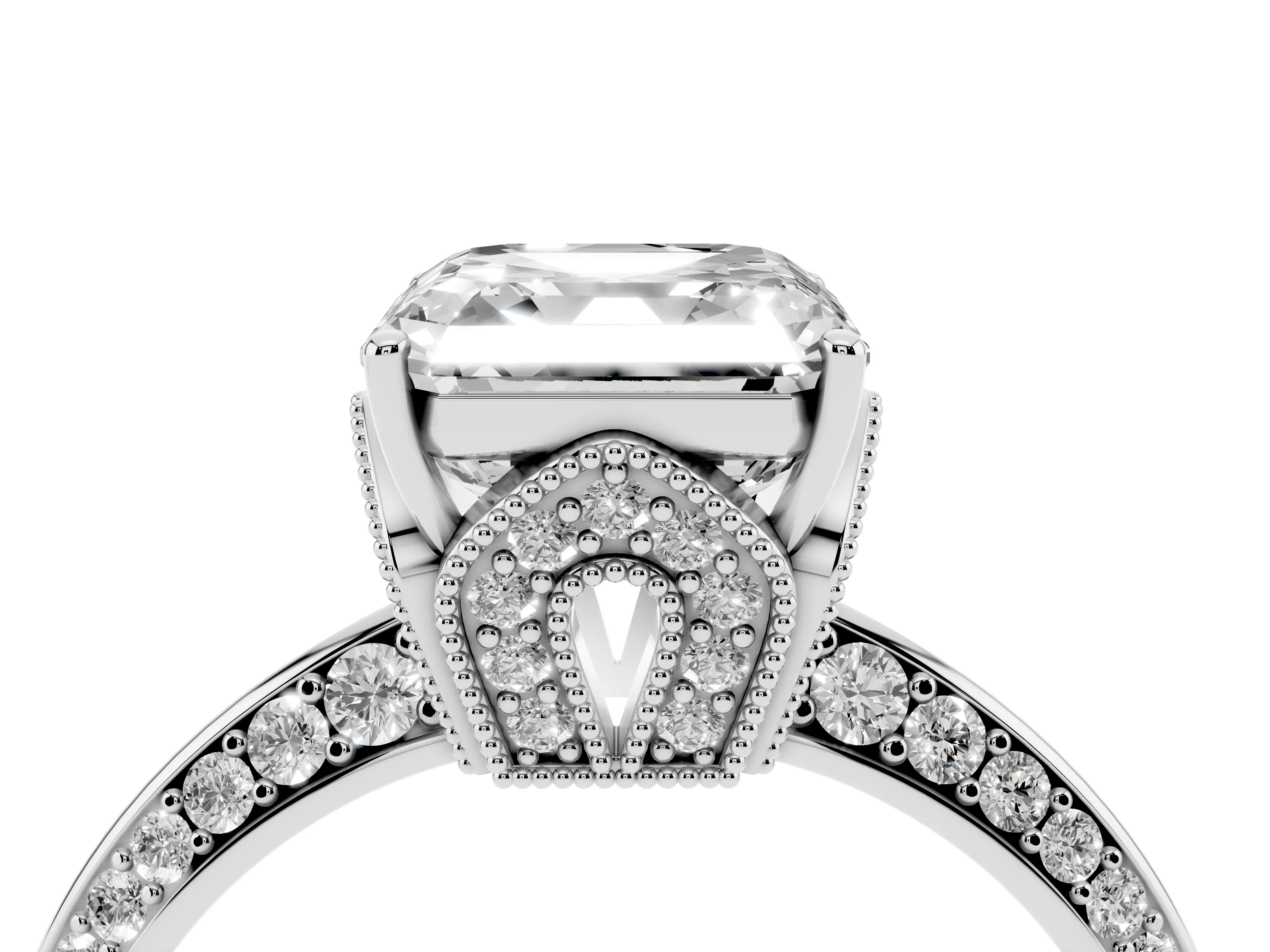 Asscher Cut Diamond Solitaire Engagement Ring Set in Platinum with Pavé Split Shank and Prong Setting
