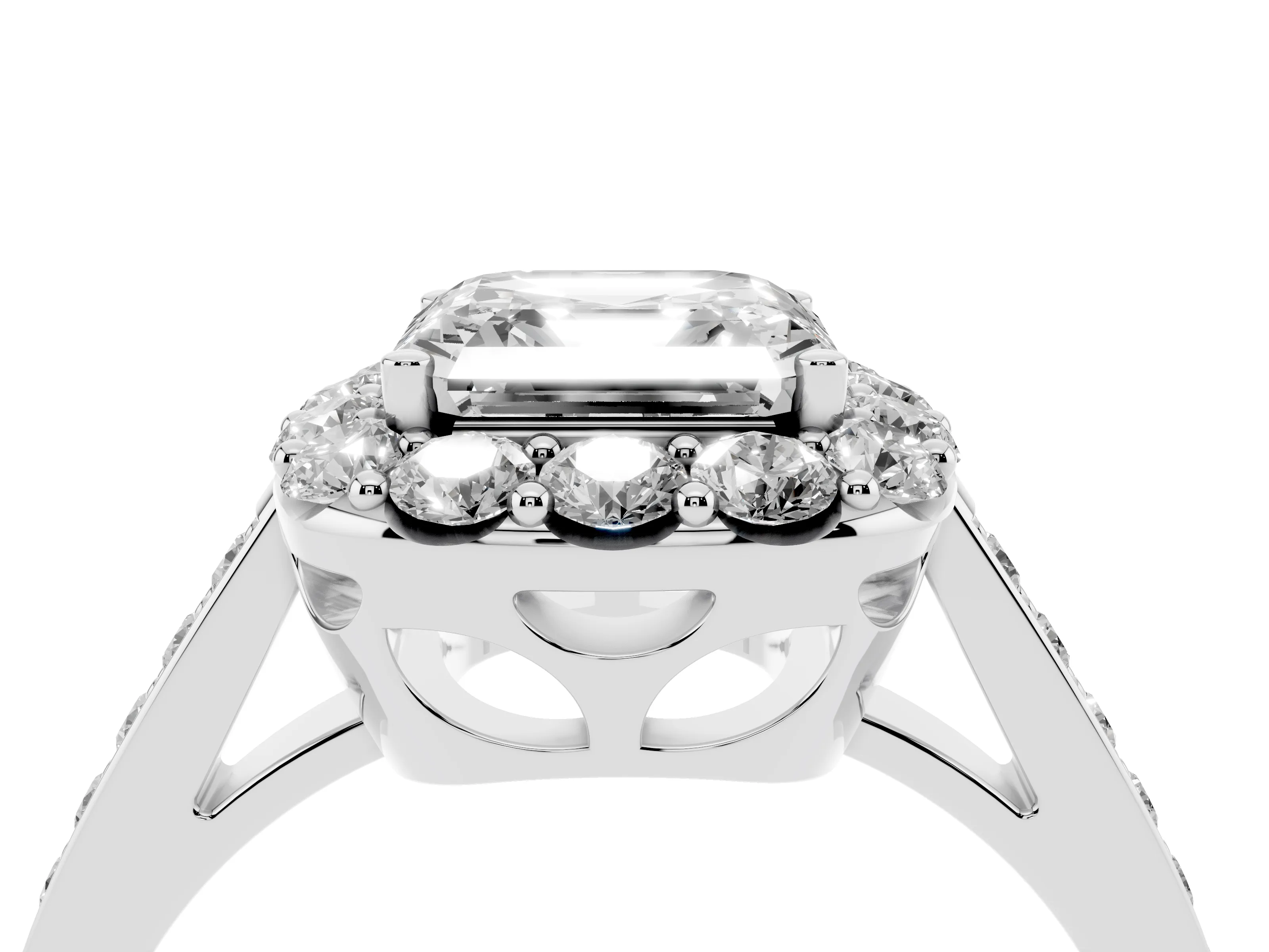 Asscher Cut Diamond Floral Halo Ring Set in White gold with Pavé Band and Prong Setting