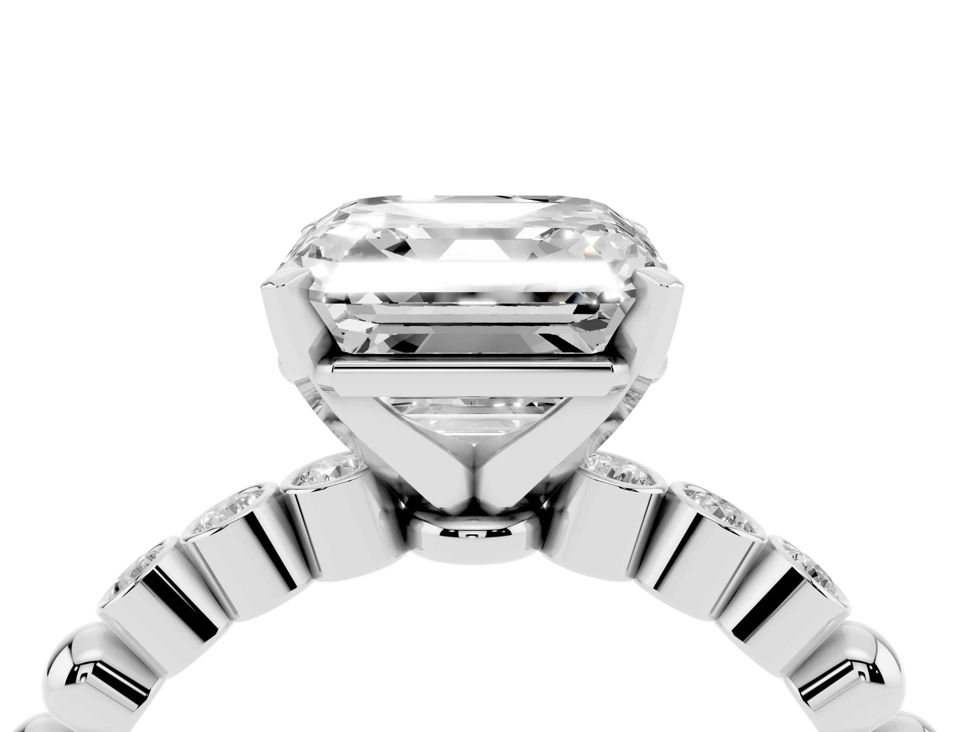Asscher Cut Diamond Solitaire Engagement Ring Set in Platinum with Bezel Accents on Beaded Band