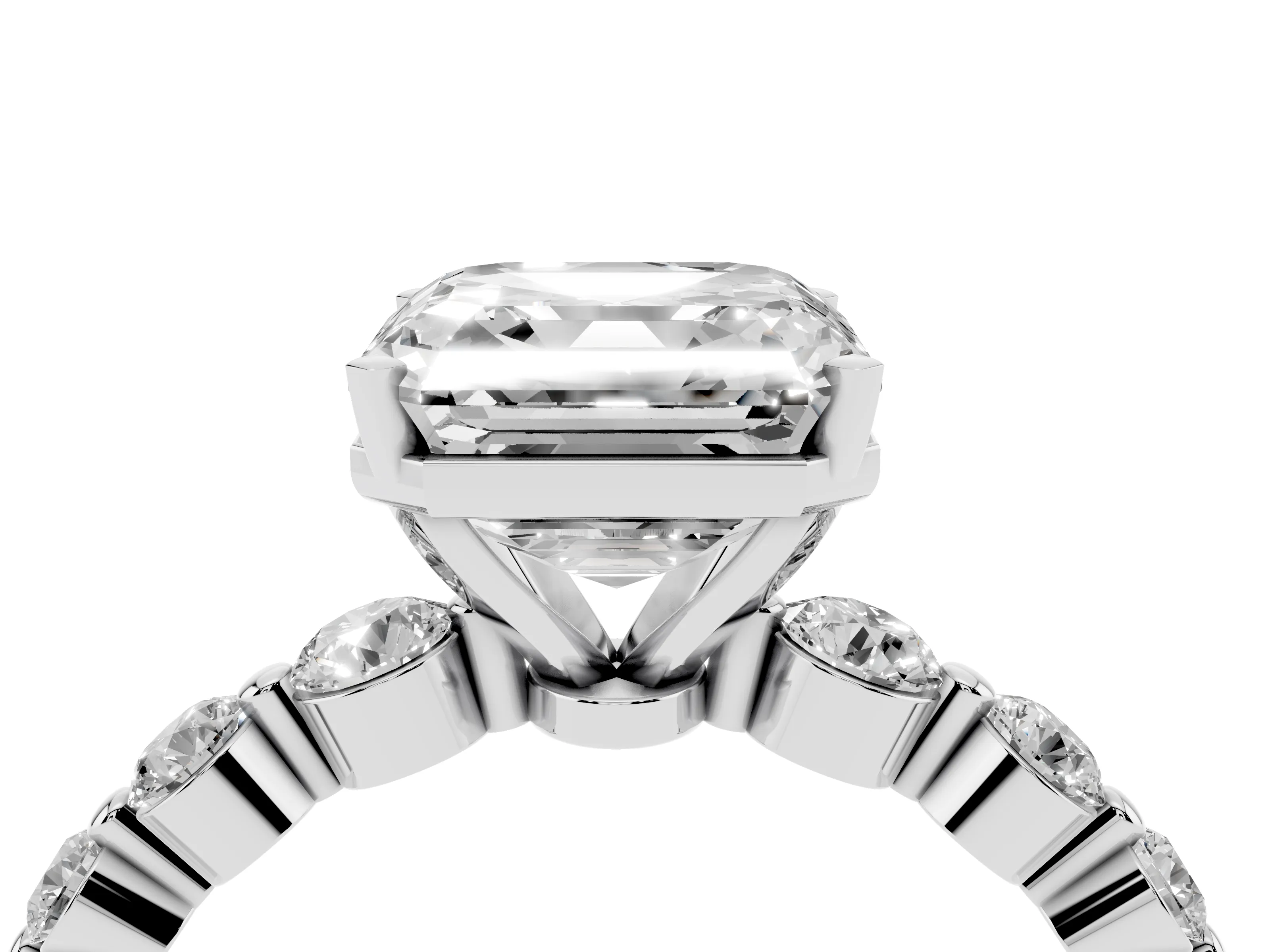 Asscher Cut Diamond Solitaire Ring Set in White gold with Pavé Band and Prong Setting