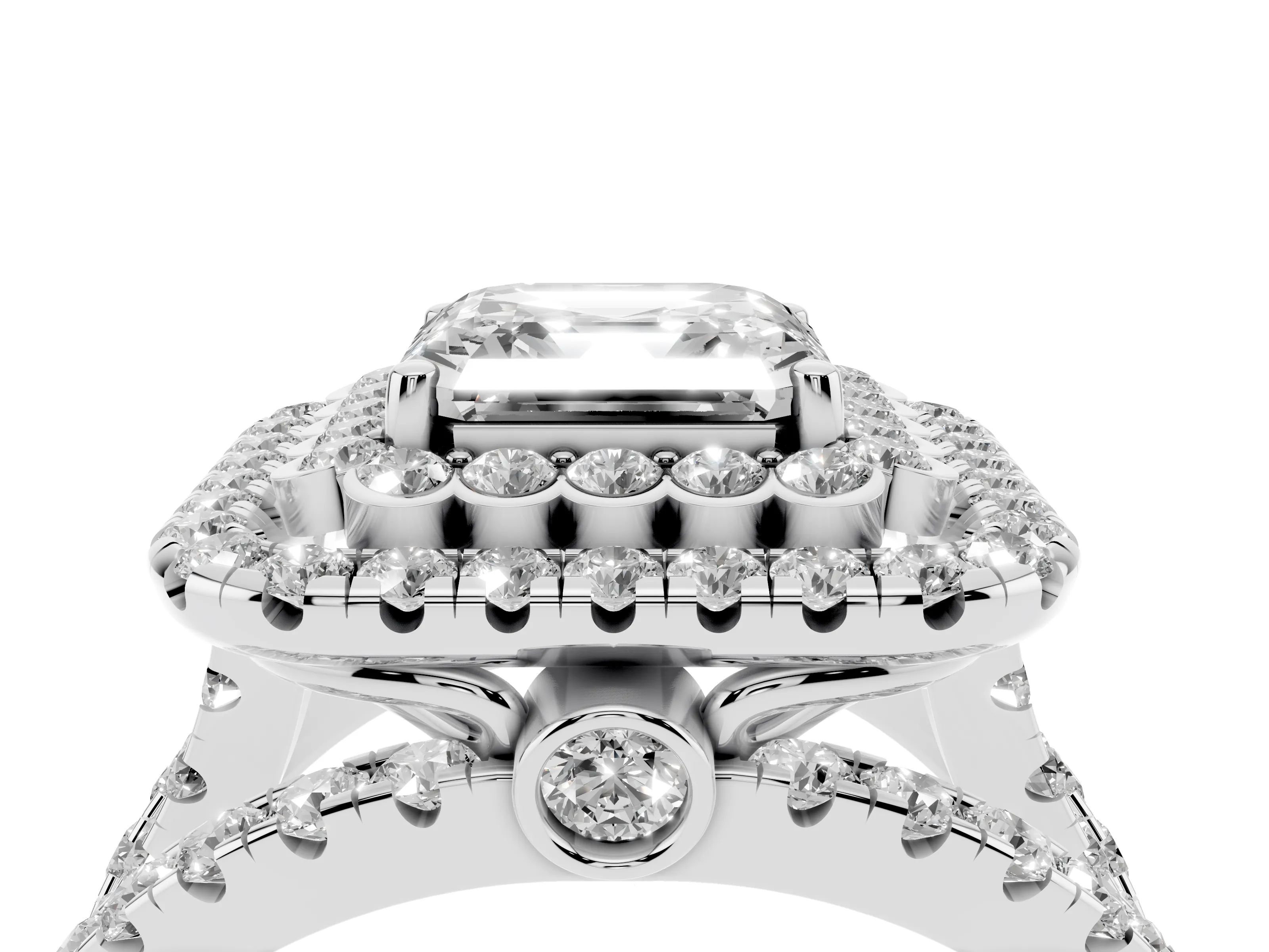 Asscher Cut Diamond Double Halo Ring Set in White gold with Round Pavé Split Shank