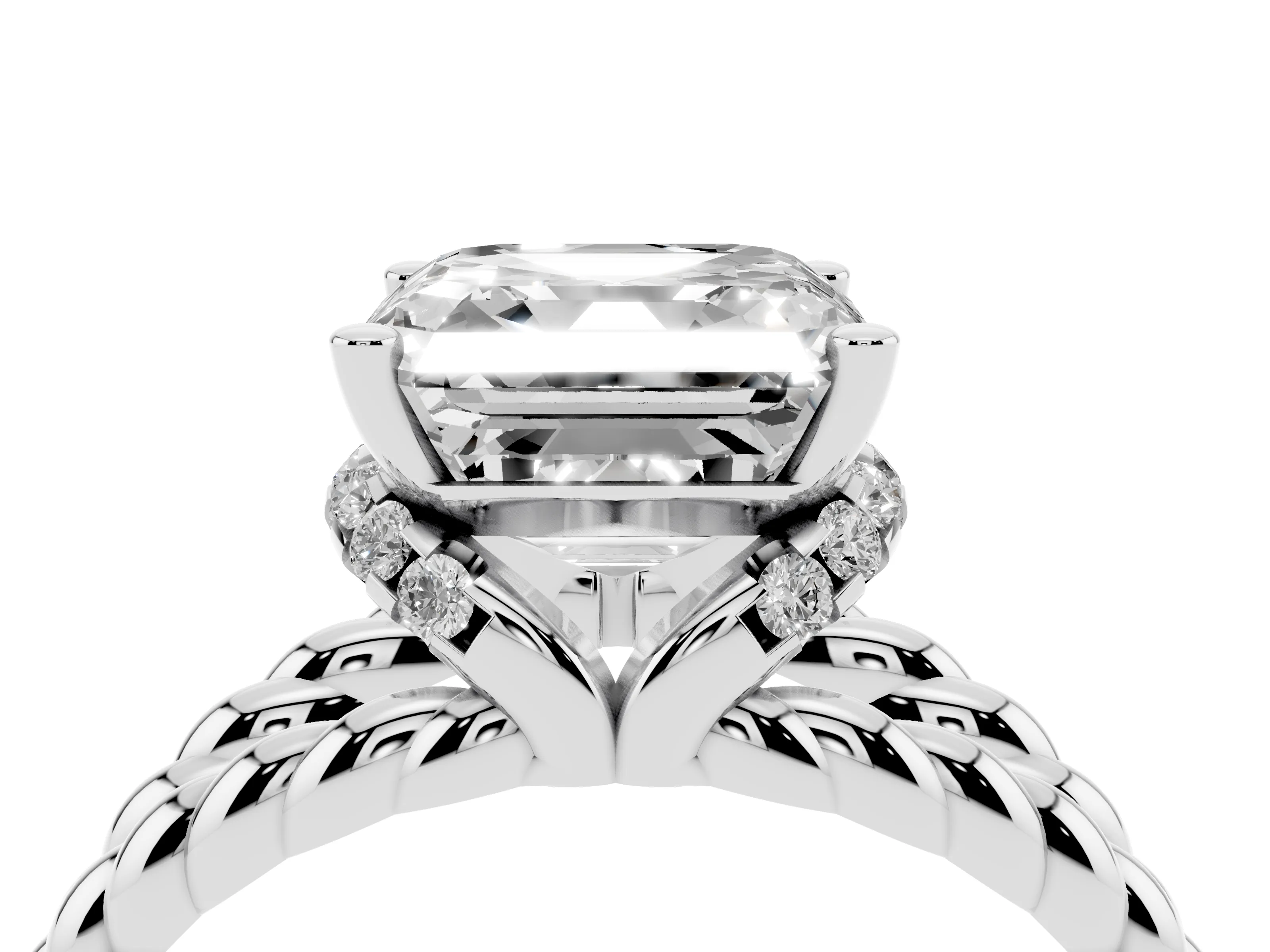 Asscher Cut Diamond Halo Ring Set in White gold with Twisted Band and Prong Setting