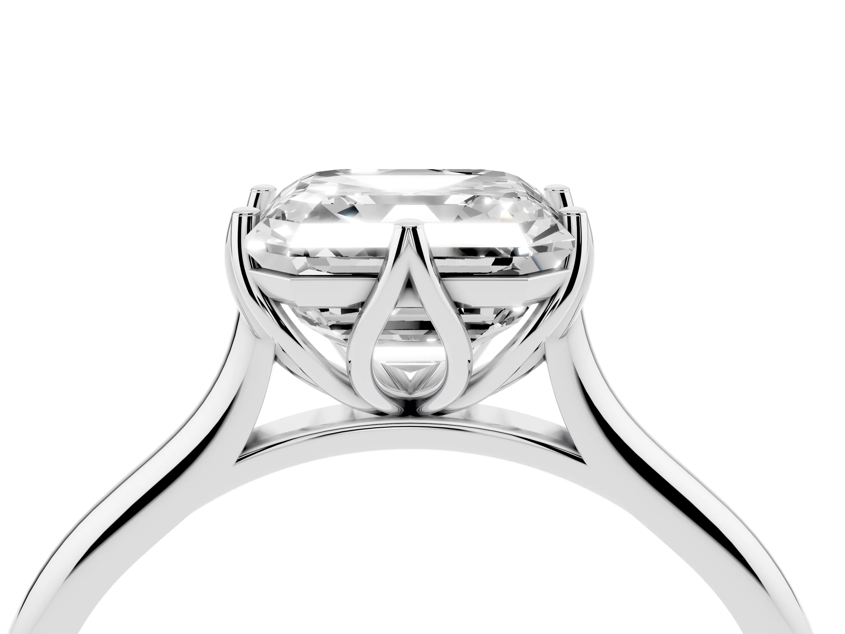 Asscher Cut Diamond Solitaire Cathedral Ring Set in Platinum with Prong Setting