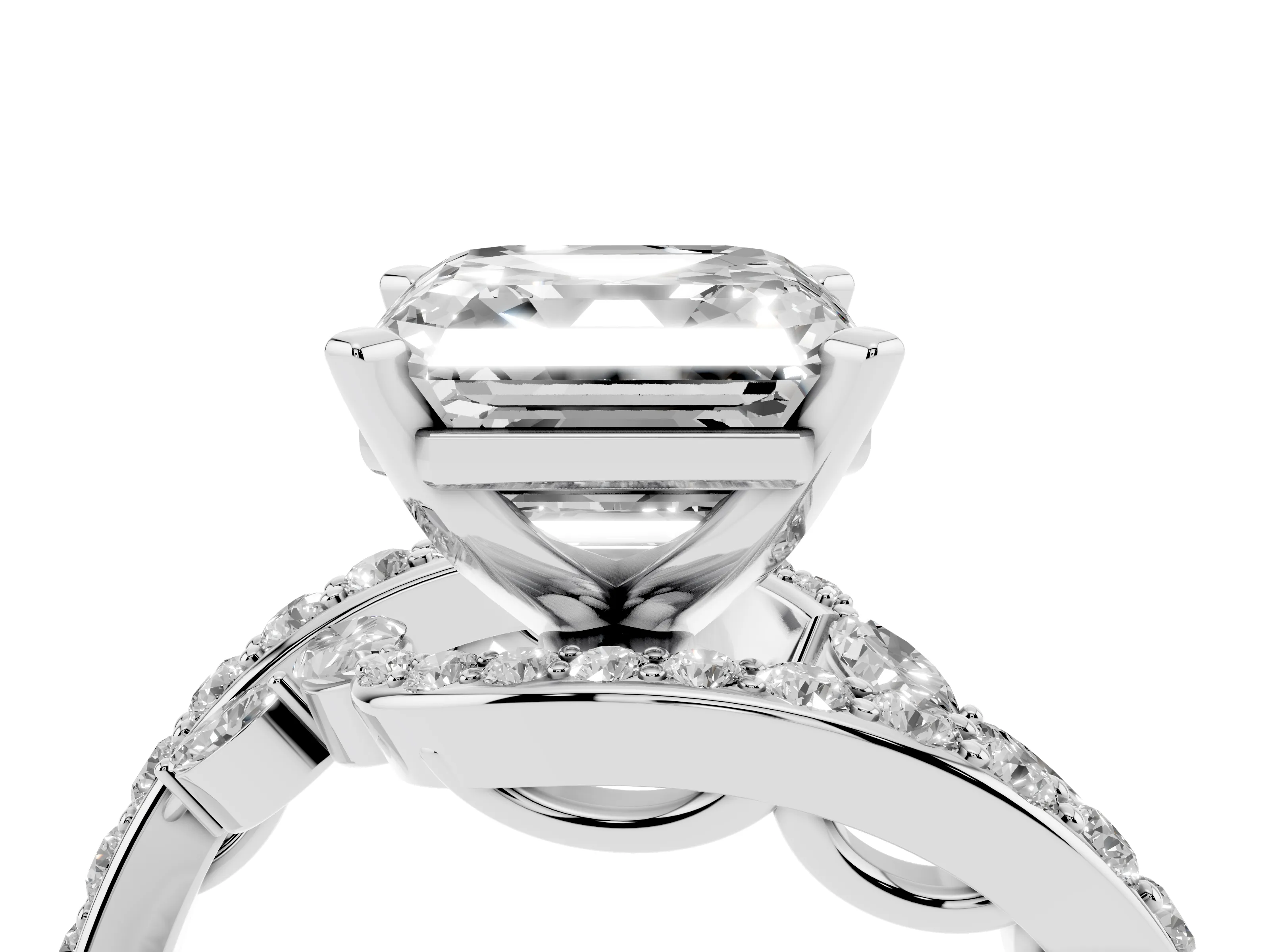 Asscher Cut Diamond Solitaire Ring Set in White gold with Pavé Twist Band and Secure Prong Setting