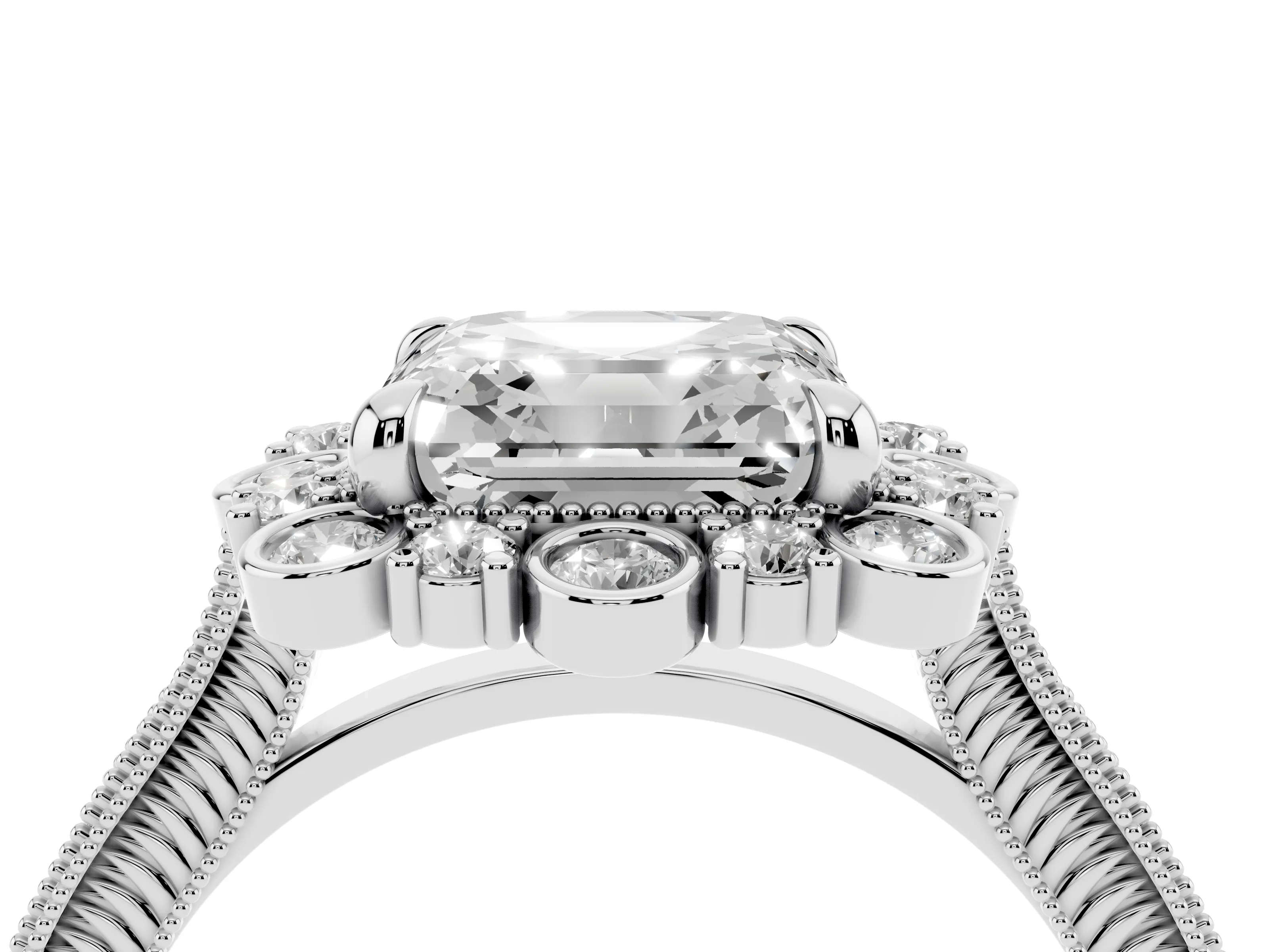 Asscher Cut Diamond Halo Milgrain Pavé Ring Set in White gold with Prong Setting
