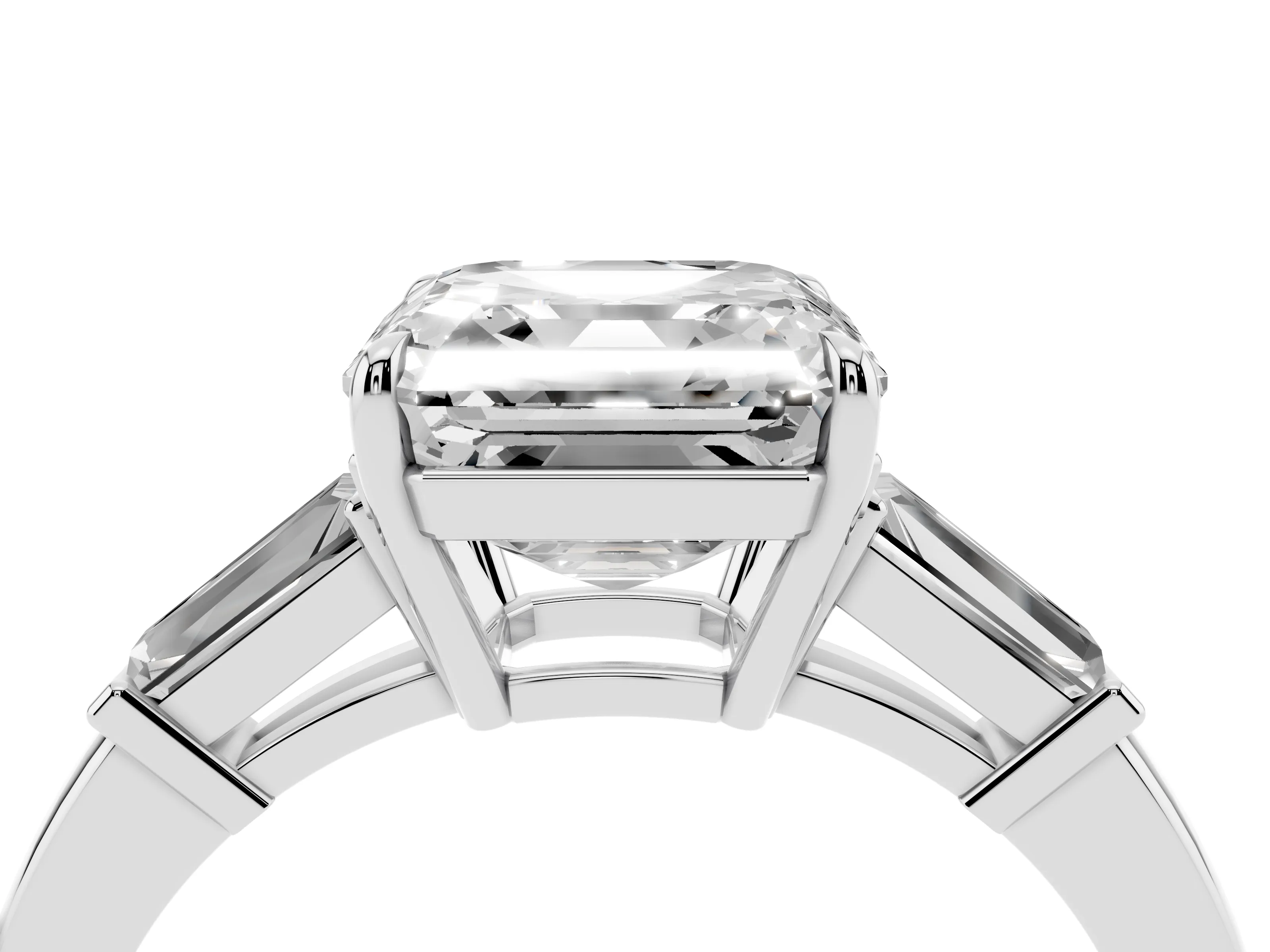 Asscher Cut Diamond Three-Stone Ring Set in White gold with Tapered Baguette Side Stones and Prong Setting