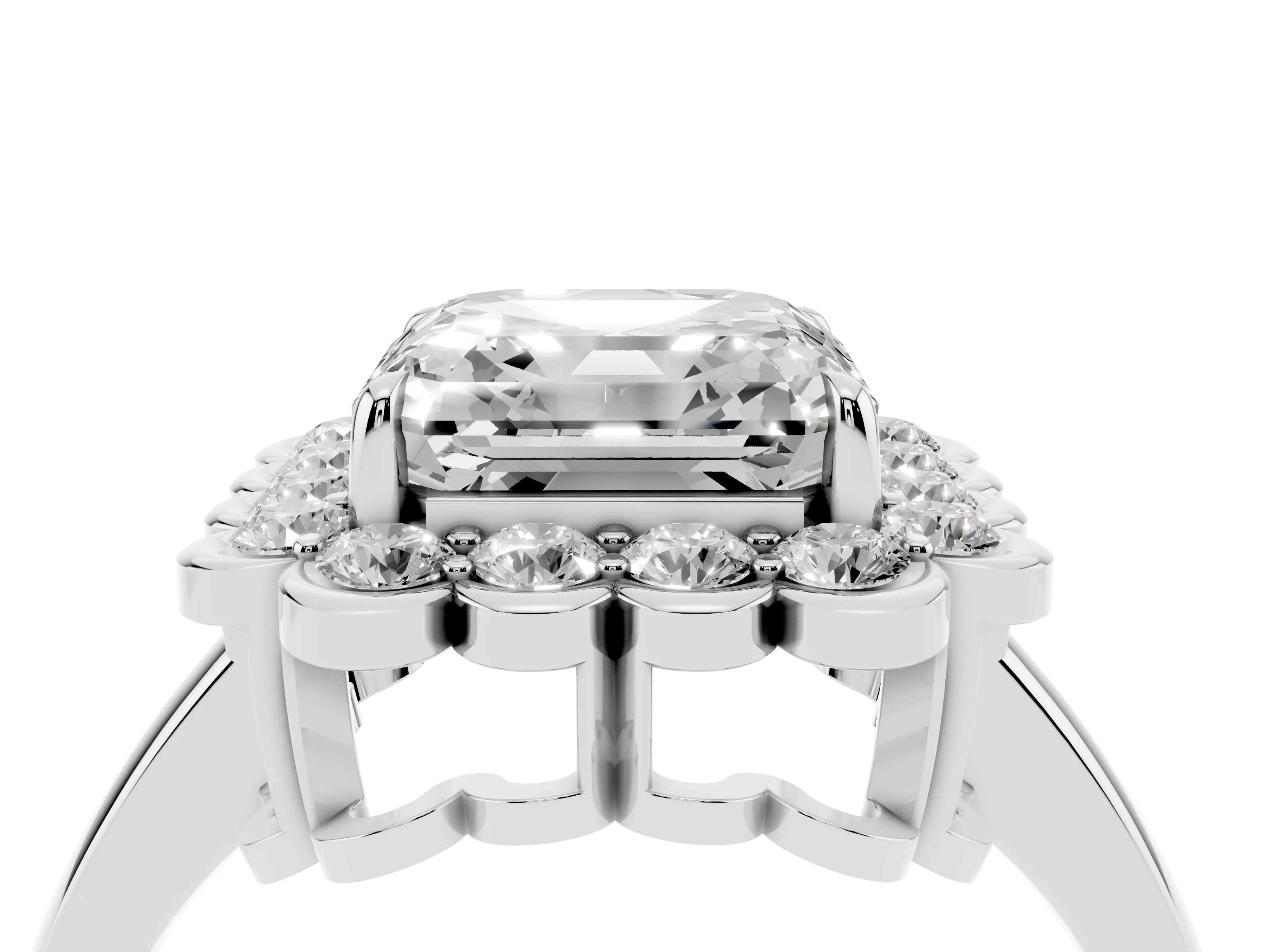 Asscher Cut Diamond Halo Cluster Engagement Ring Set in Silver with Solitaire Band and Prong Setting