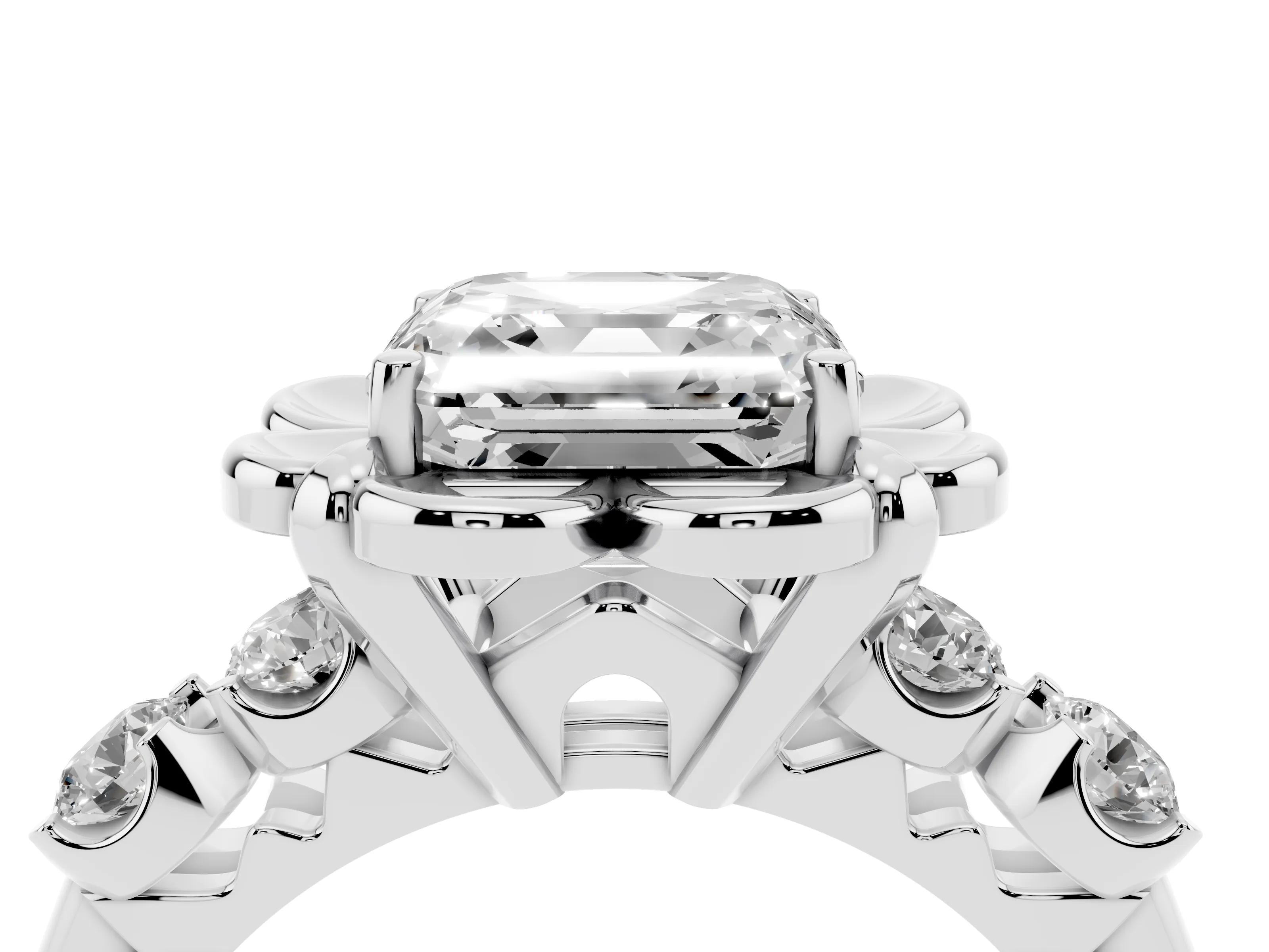 Asscher Cut Diamond Floral Halo Ring Set in Silver with Shared Prong Band