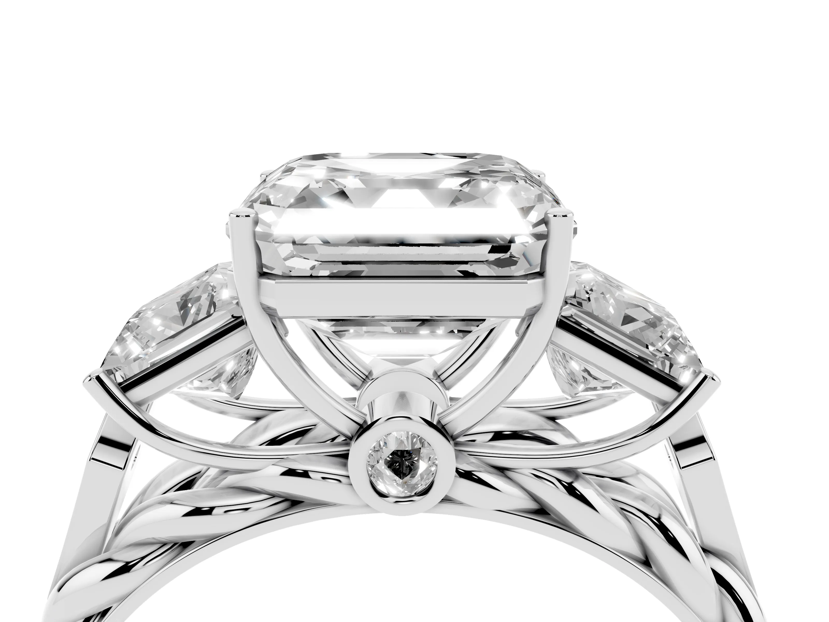 Asscher Cut Diamond Three-Stone Ring Set in Silver with Braided Band