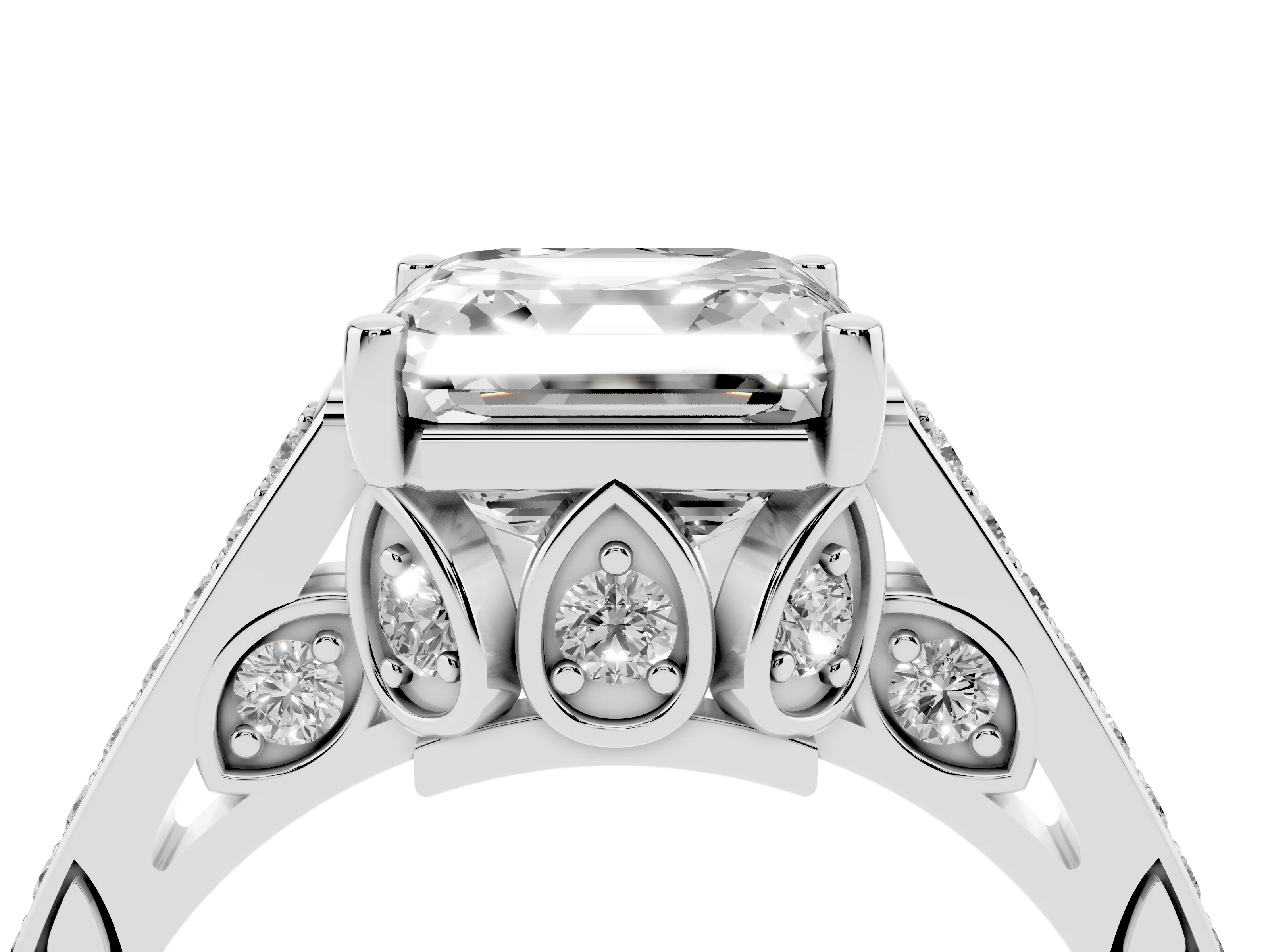 Asscher Cut Diamond Cathedral Pavé Engagement Ring Set in Platinum with Prong Setting