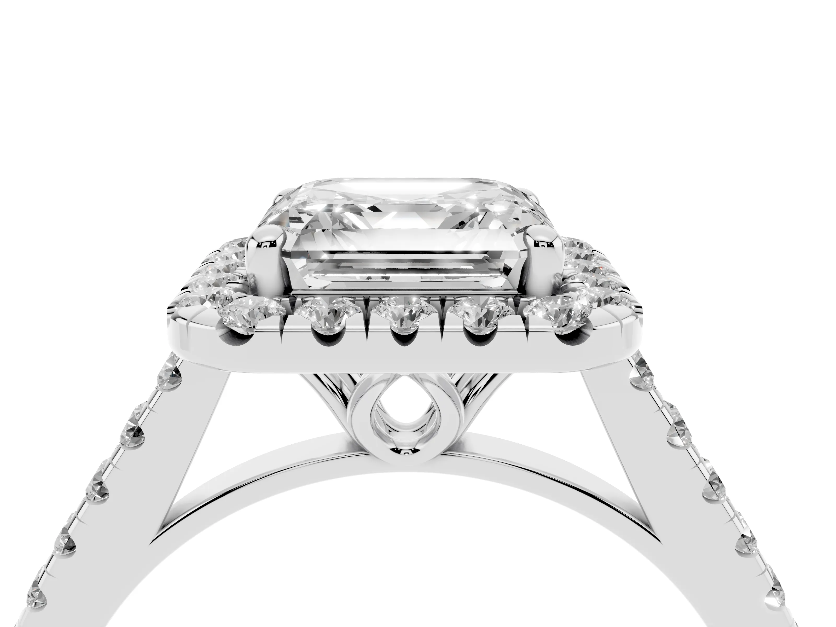 Asscher Cut Diamond Pavé Halo Engagement Ring Set in White gold with Pavé Band and Prong Setting