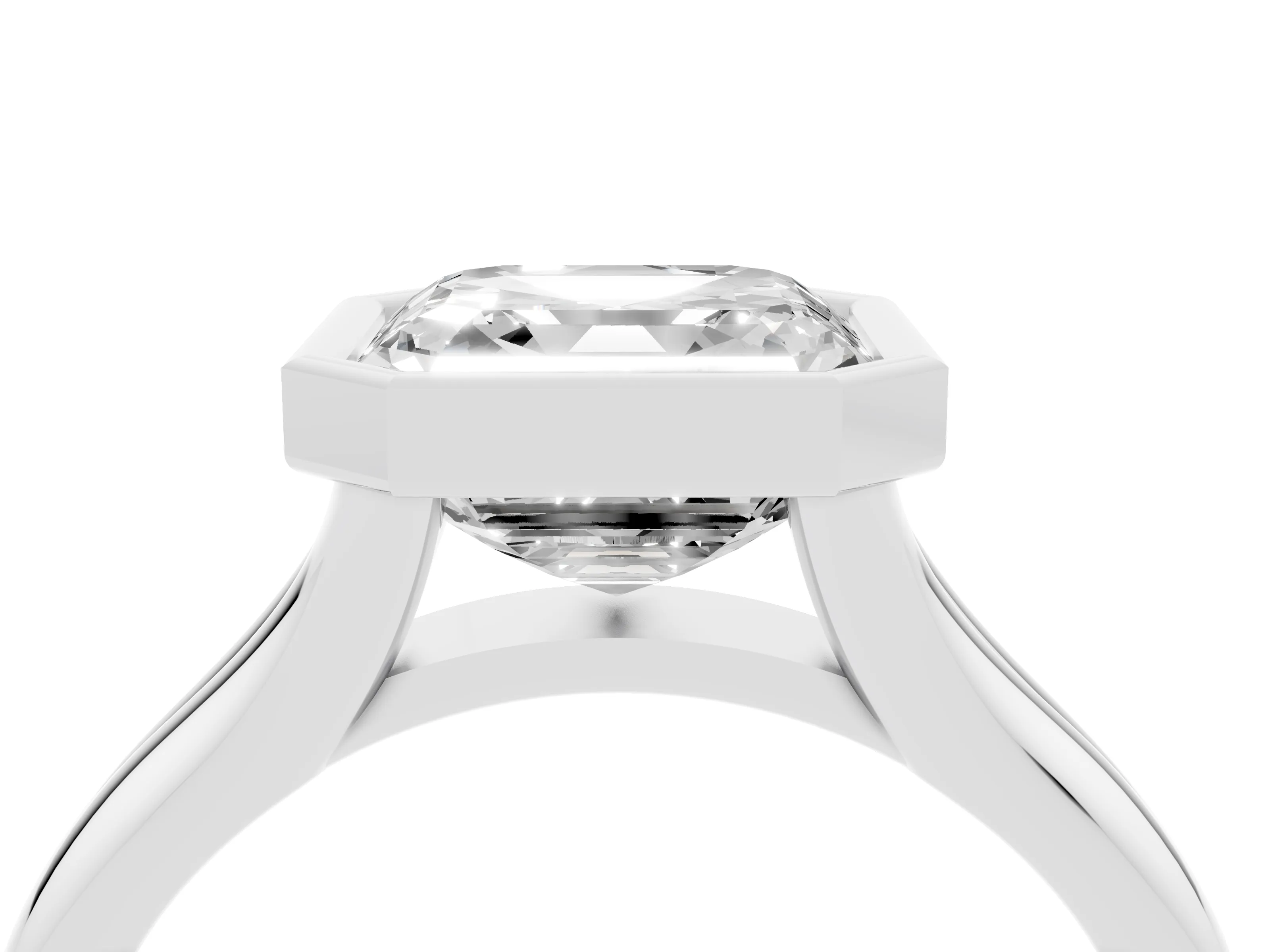 Bezel Set Asscher Cut Diamond Solitaire Ring Set in Platinum with Smooth Band