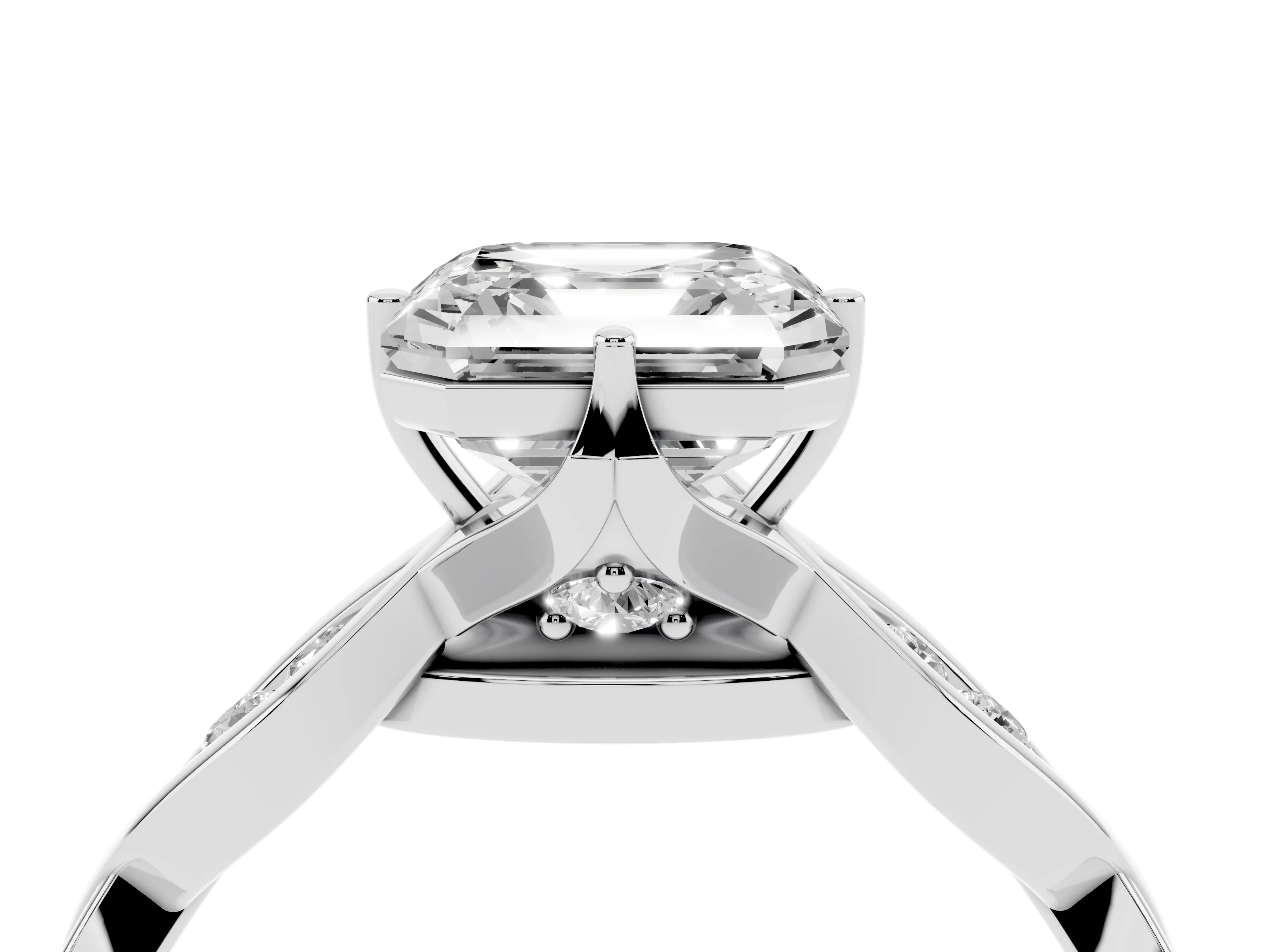 Asscher Cut Diamond Twist Band Solitaire Ring Set in White gold with Leaf Prong Setting and Accent Stones