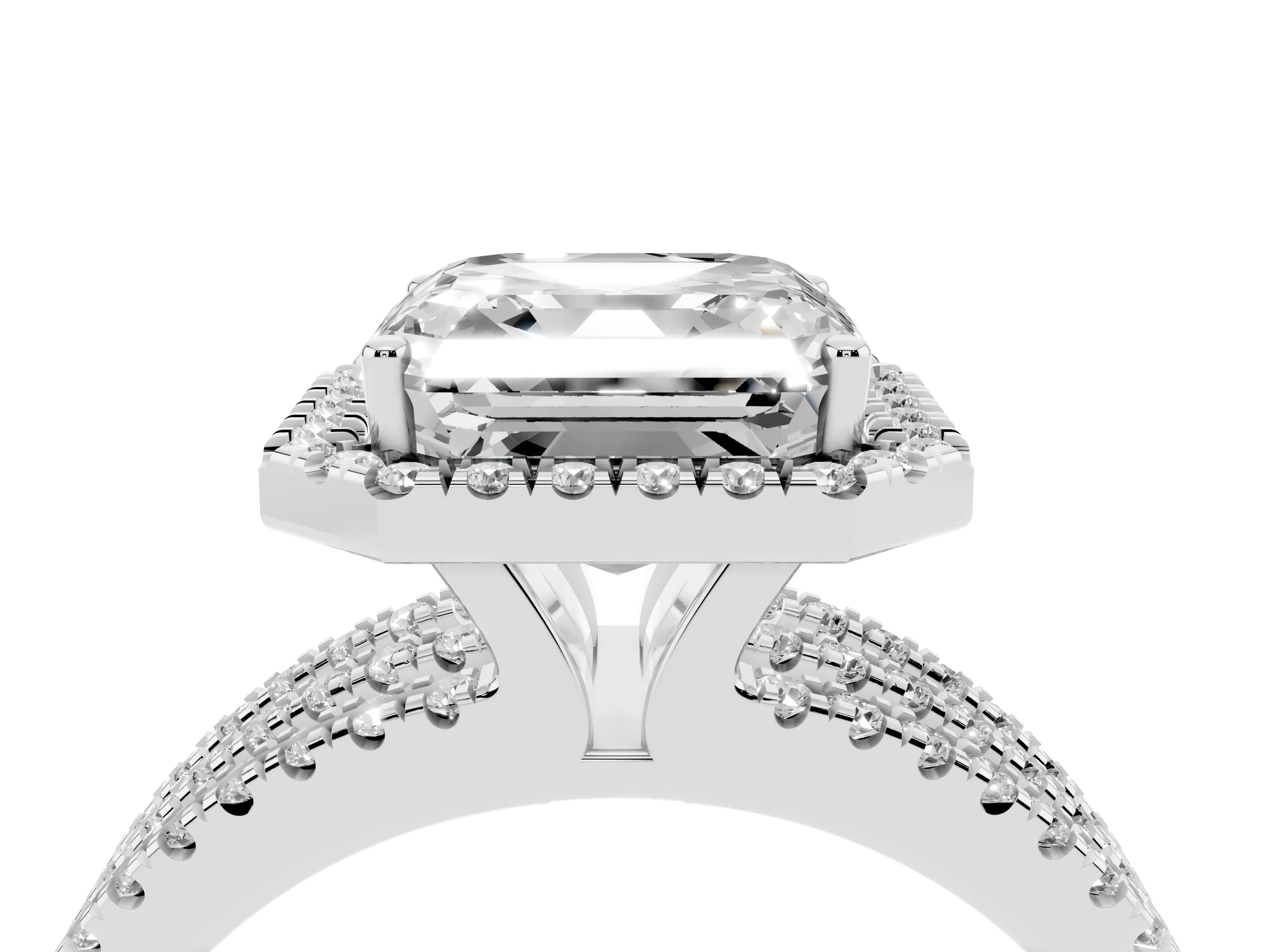 Asscher Cut Diamond Halo Split Shank Engagement Ring Set in Silver with Prong Setting