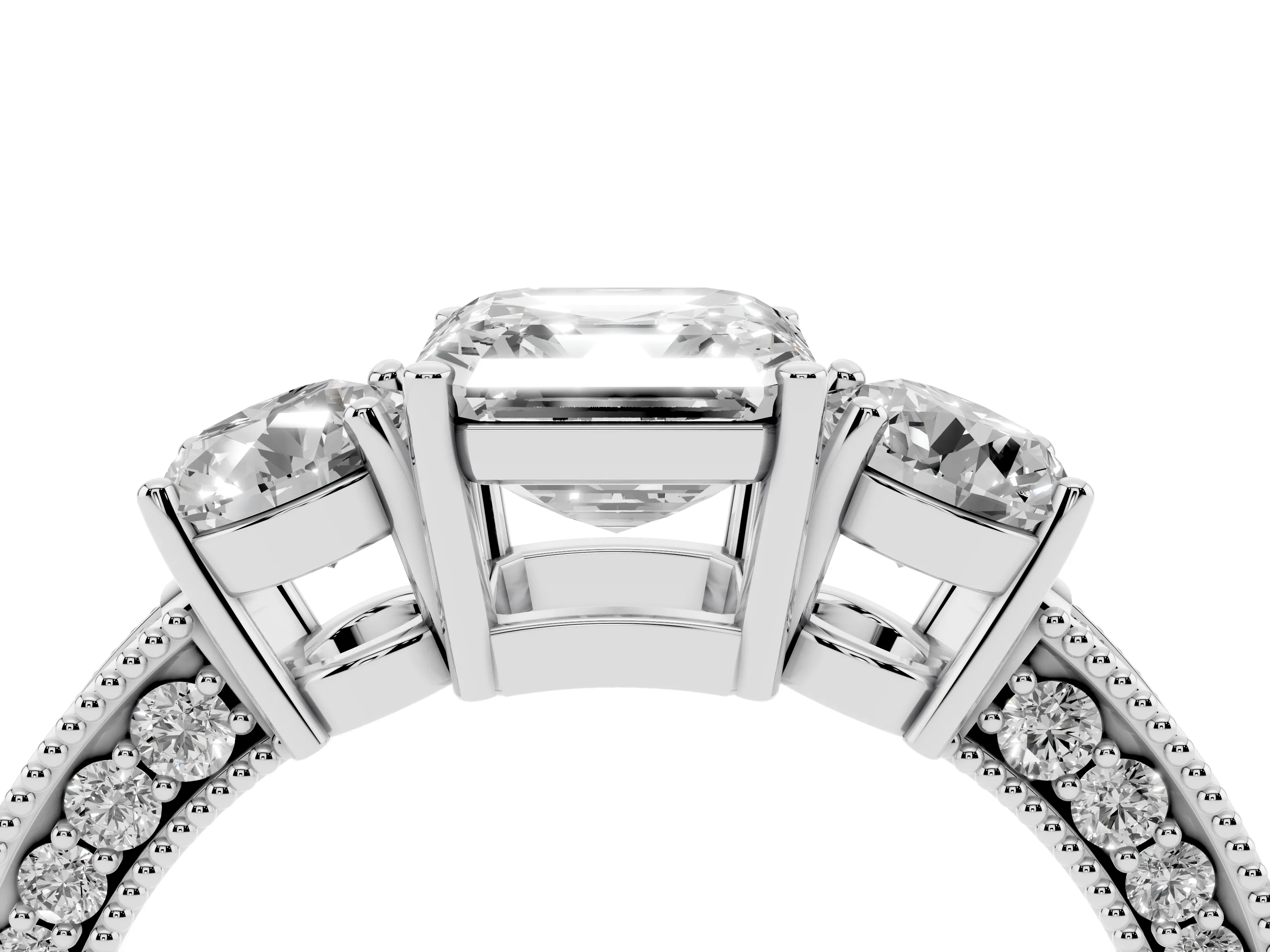 Asscher Cut Diamond Three-Stone Ring Set in Platinum with Round Side Stones and Pavé Band
