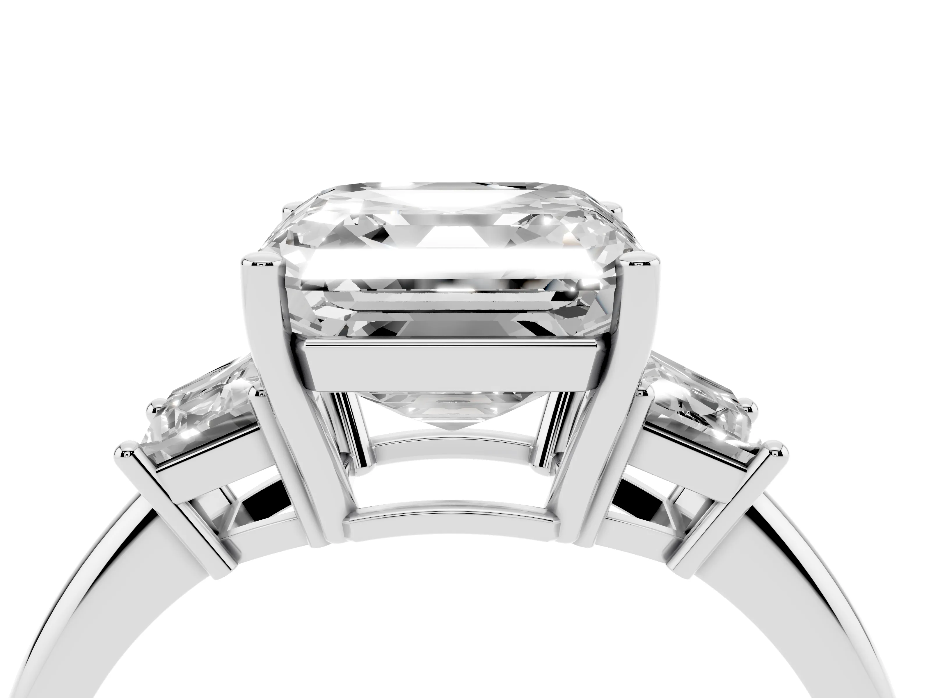 Asscher Cut Diamond Three-Stone Ring Set in White gold with Trapezoid Side Stones and Prong Setting