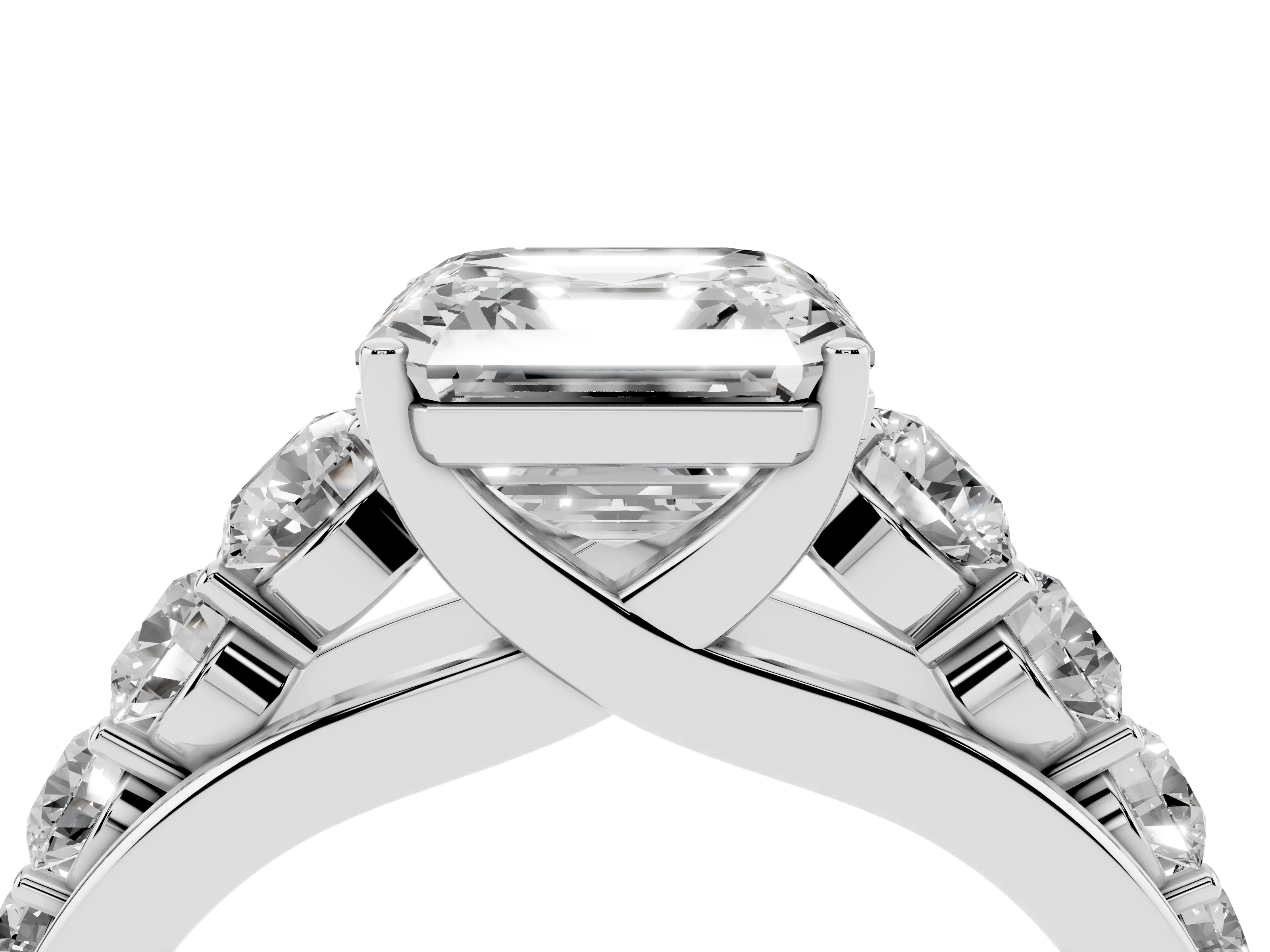 Asscher Cut Diamond Solitaire Ring Set in White gold with Pavé-Set Band and Prong Setting