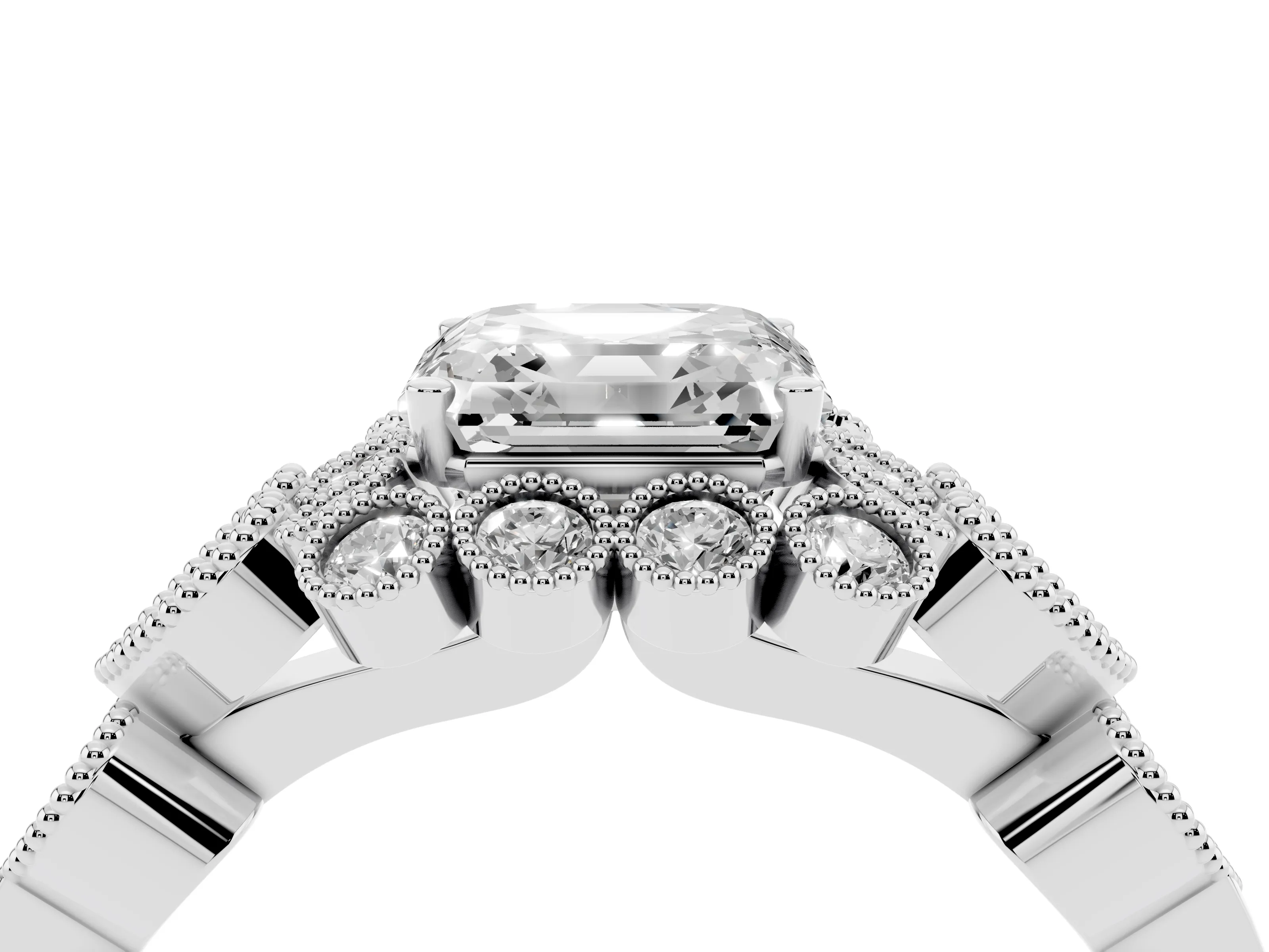 Asscher Cut Diamond Solitaire Ring Set in Silver with Milgrain Pavé Heart Band