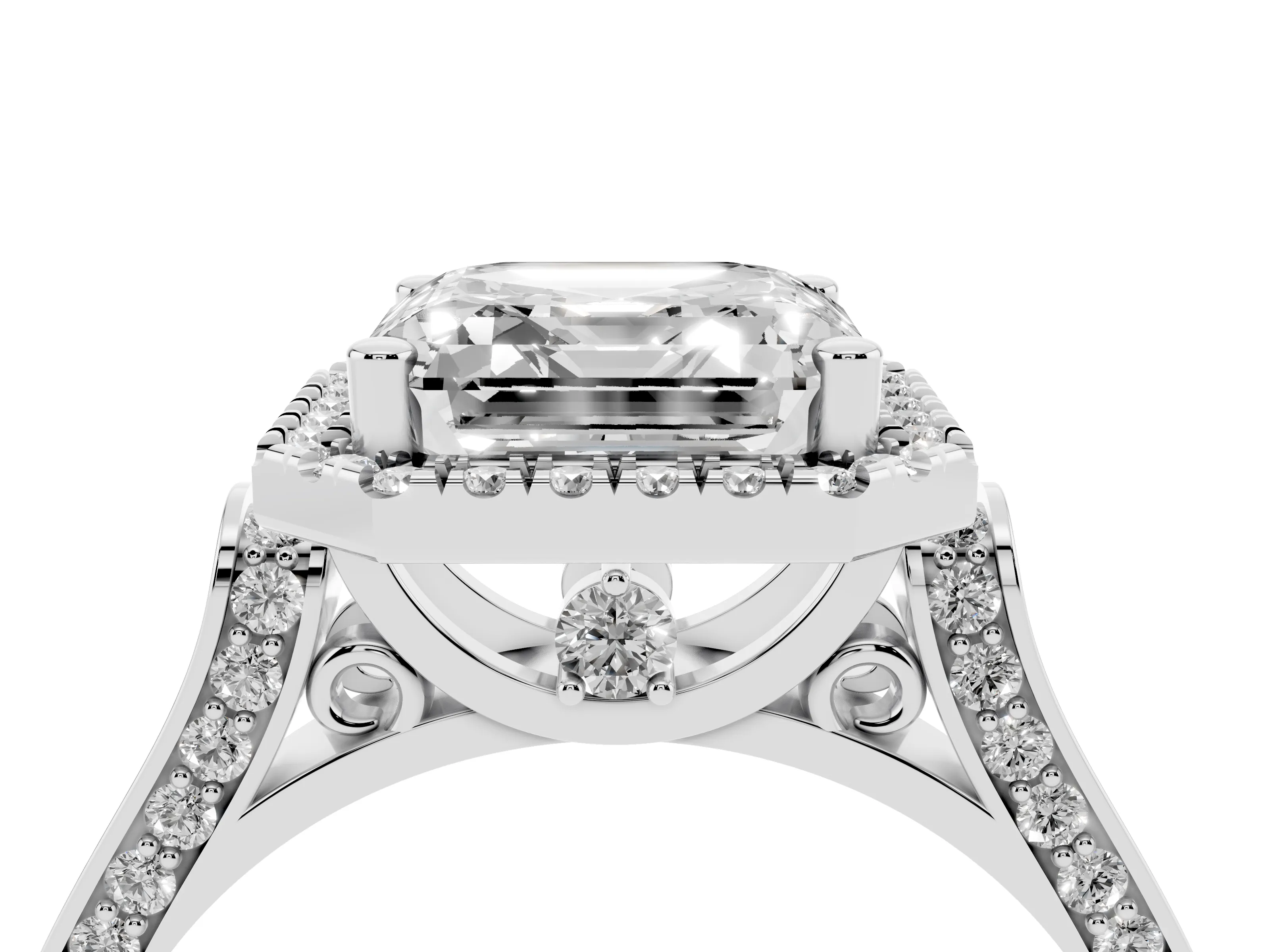 Asscher Cut Diamond Halo Ring Set in Silver with Pavé-Lined Split Shank Band